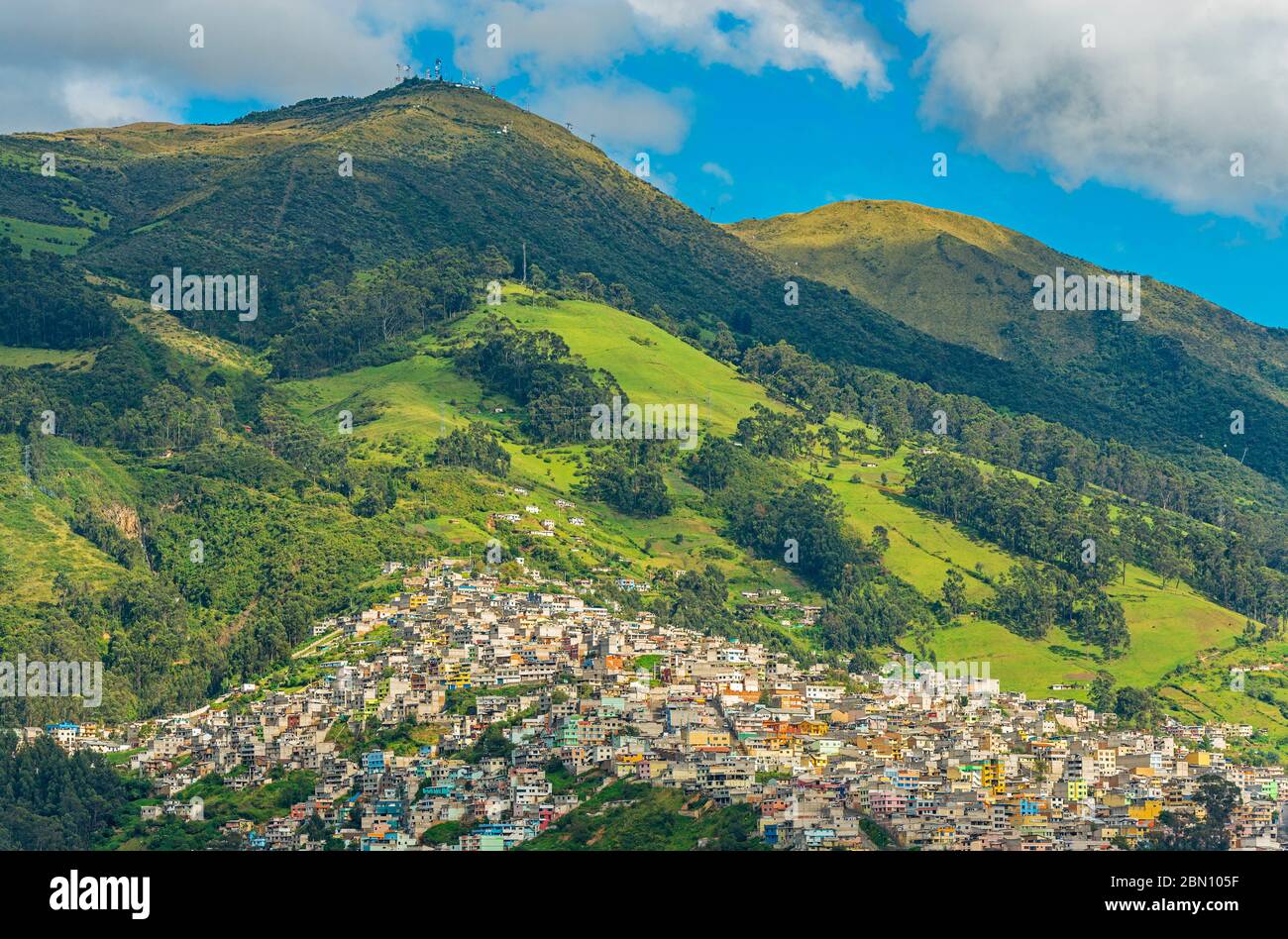 Cityscape of a district in Quito built on the Pichincha Volcano at Sunrise, Ecuador. Stock Photo