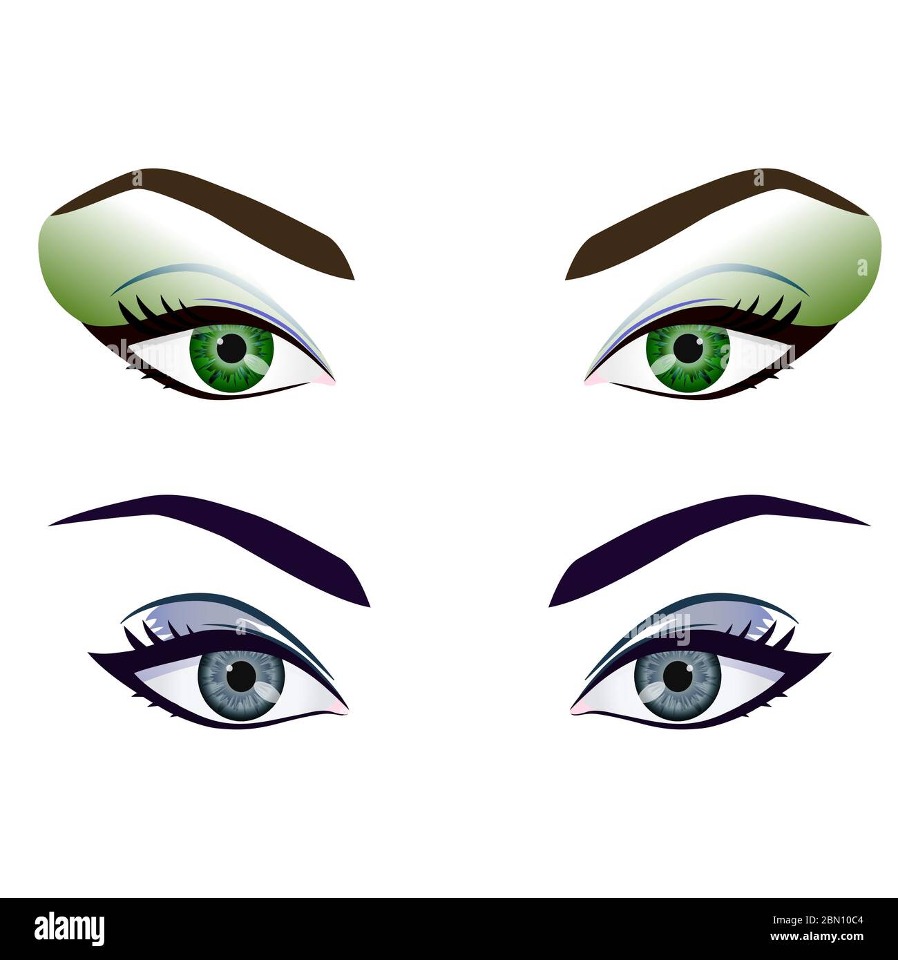 Set of realistic cartoon vector female eyes and brows with fashion make up. Green and grey eyes and brows design element, body parts isolated on white Stock Vector