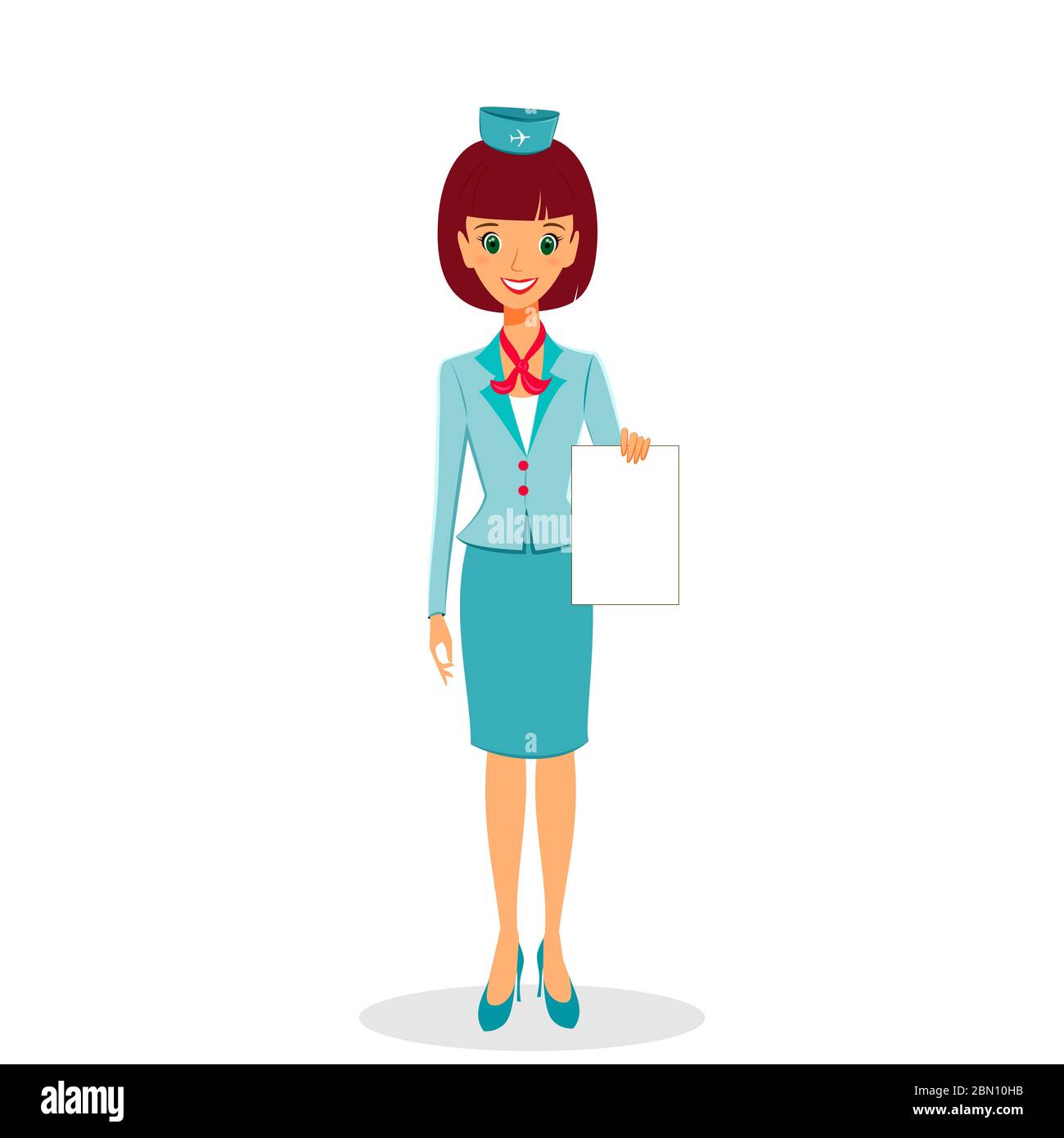 Cartoon flight attendant in uniform holding blank sheet of paper, vector illustration professional occupation character. Isolated on white background Stock Vector