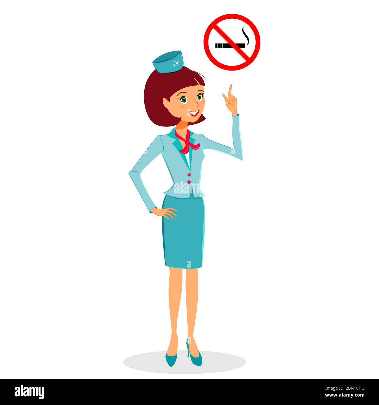 Cartoon flight attendant in uniform pointing on No Smoking sign, vector illustration professional occupation character. Isolated on white background Stock Vector