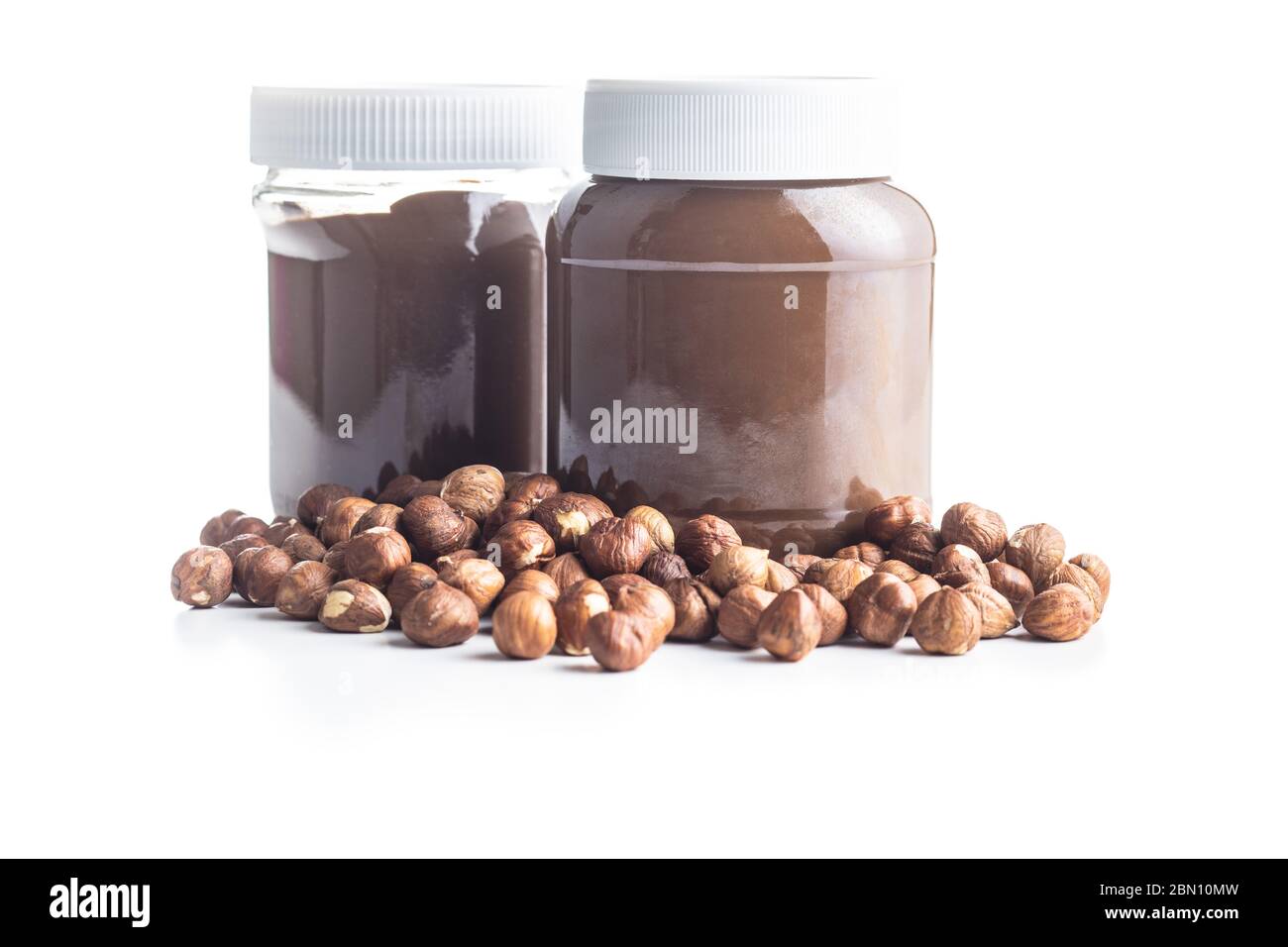 Hazelnut spread. Nut chocolate cream isolated on white background. Stock Photo