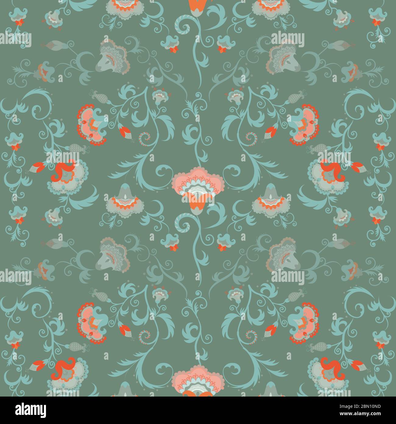 Oriental flowers pattern, floral ornament in green hues. Intricate, complex seamless tribal vector wallpaper with pastel color Stock Vector