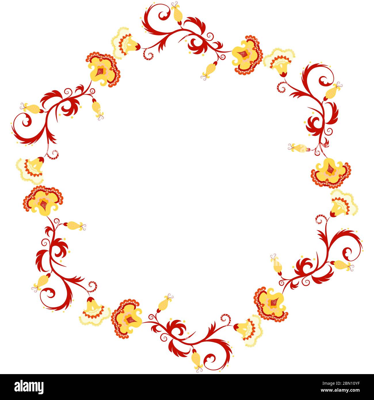 Floral frame. Indian or arabic style flowers and leaves arranged in a wreath, garland. Great for wedding invitations and birthday cards. Isolated on w Stock Vector