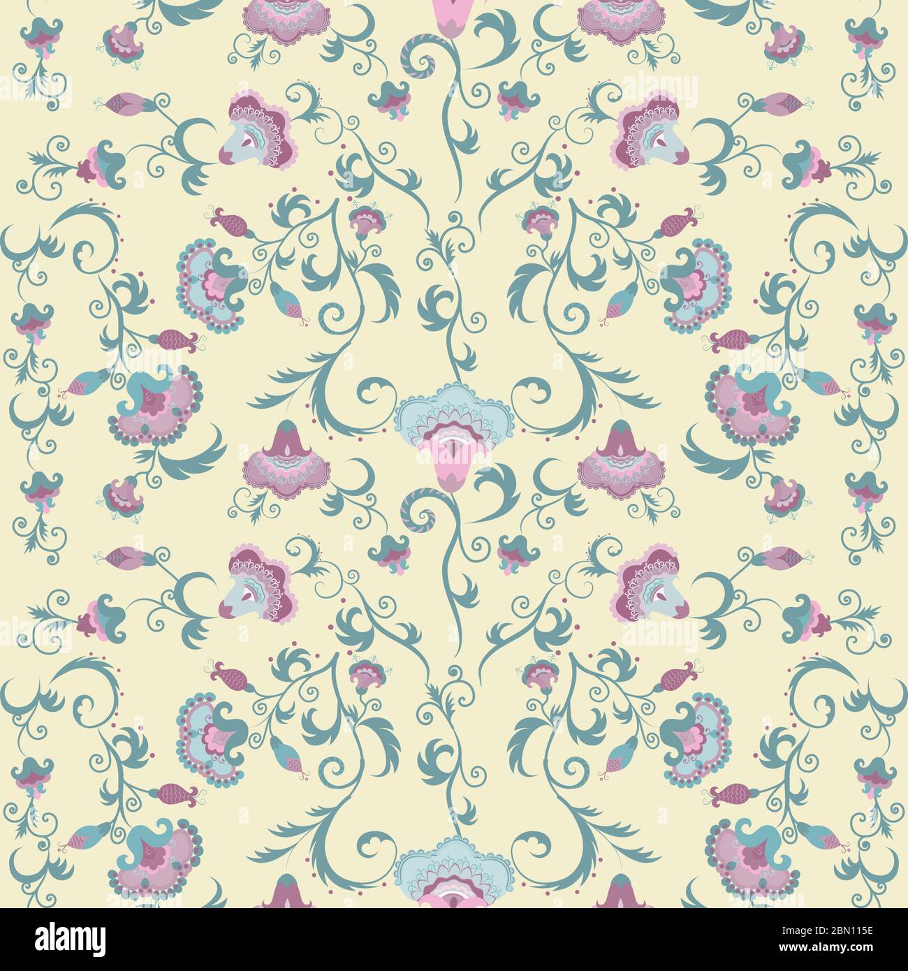 Oriental flowers pattern, floral ornament on beige background. Seamless tribal vector wallpaper with pastel color Stock Vector