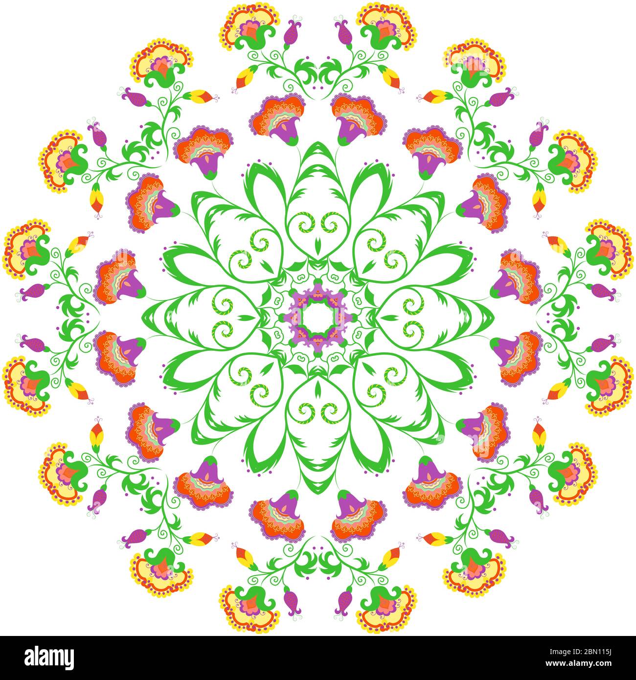 Abstract round ornament, mandala with indian styled flowers. Colorful circular floral motif, pattern isolated on white background Stock Vector