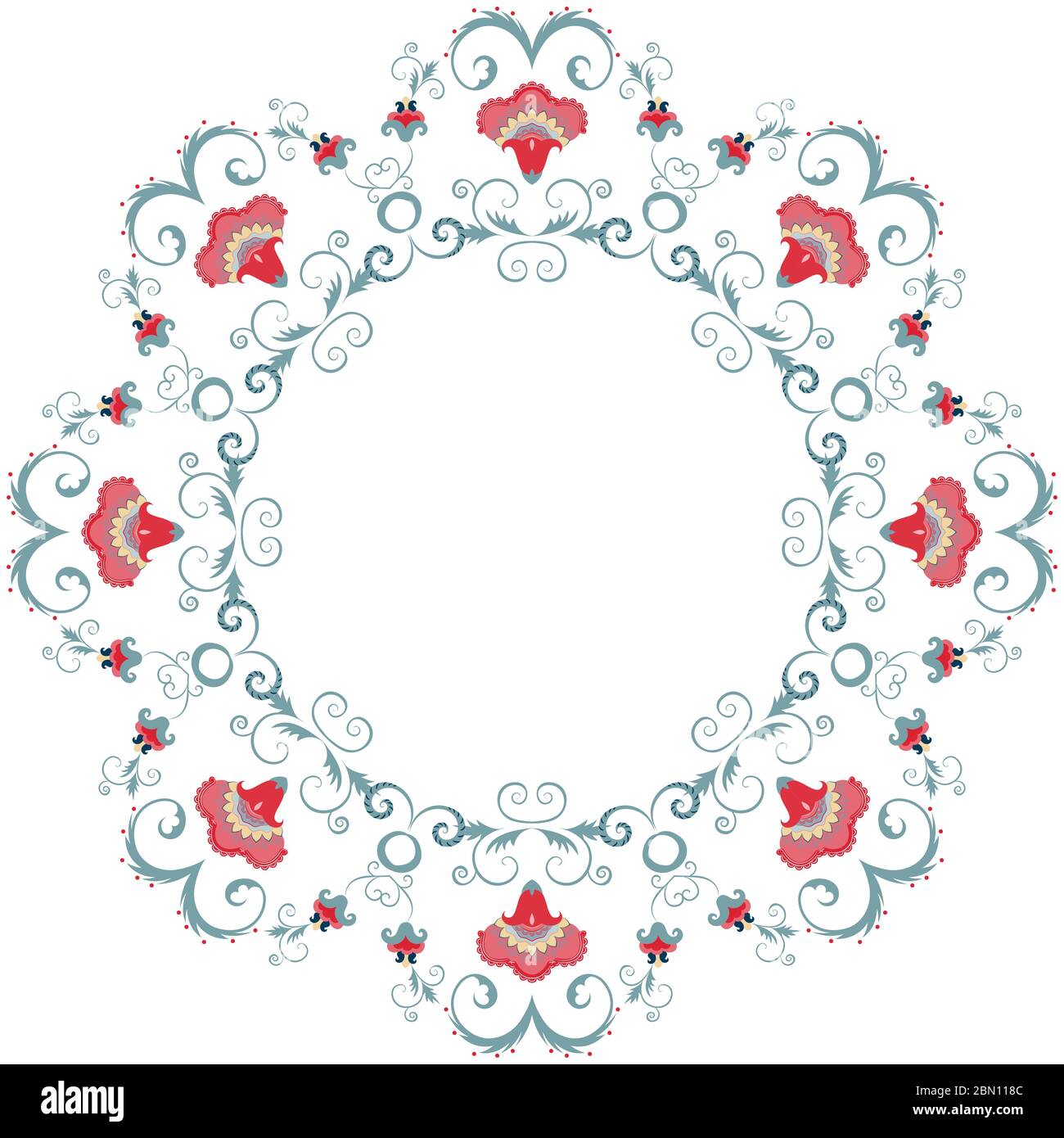 Abstract oriental floral garland design element. Asian or Eastern style flower frame, border on white background. Copy space. Great as text frame, ban Stock Vector