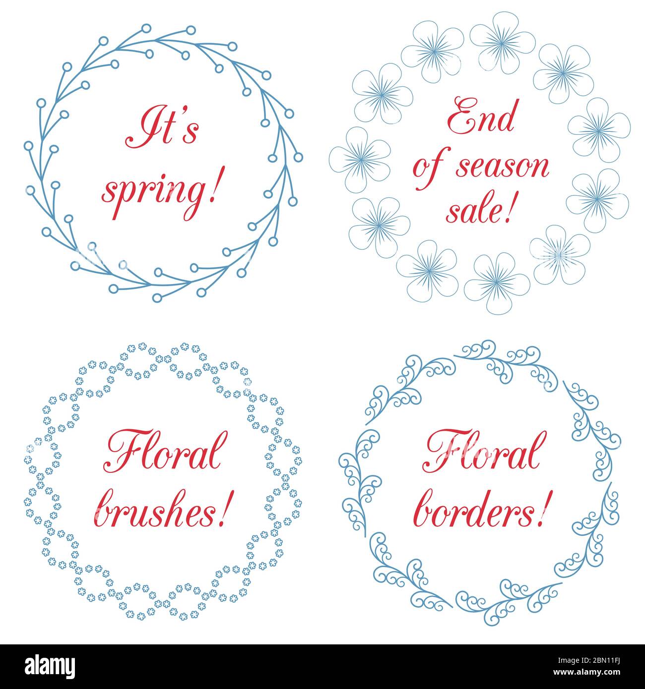 Floral frame vector brush set. Collection of cute retro floral borders, frames brushes. Isolated on white background. Perfect for wedding invitations, Stock Vector