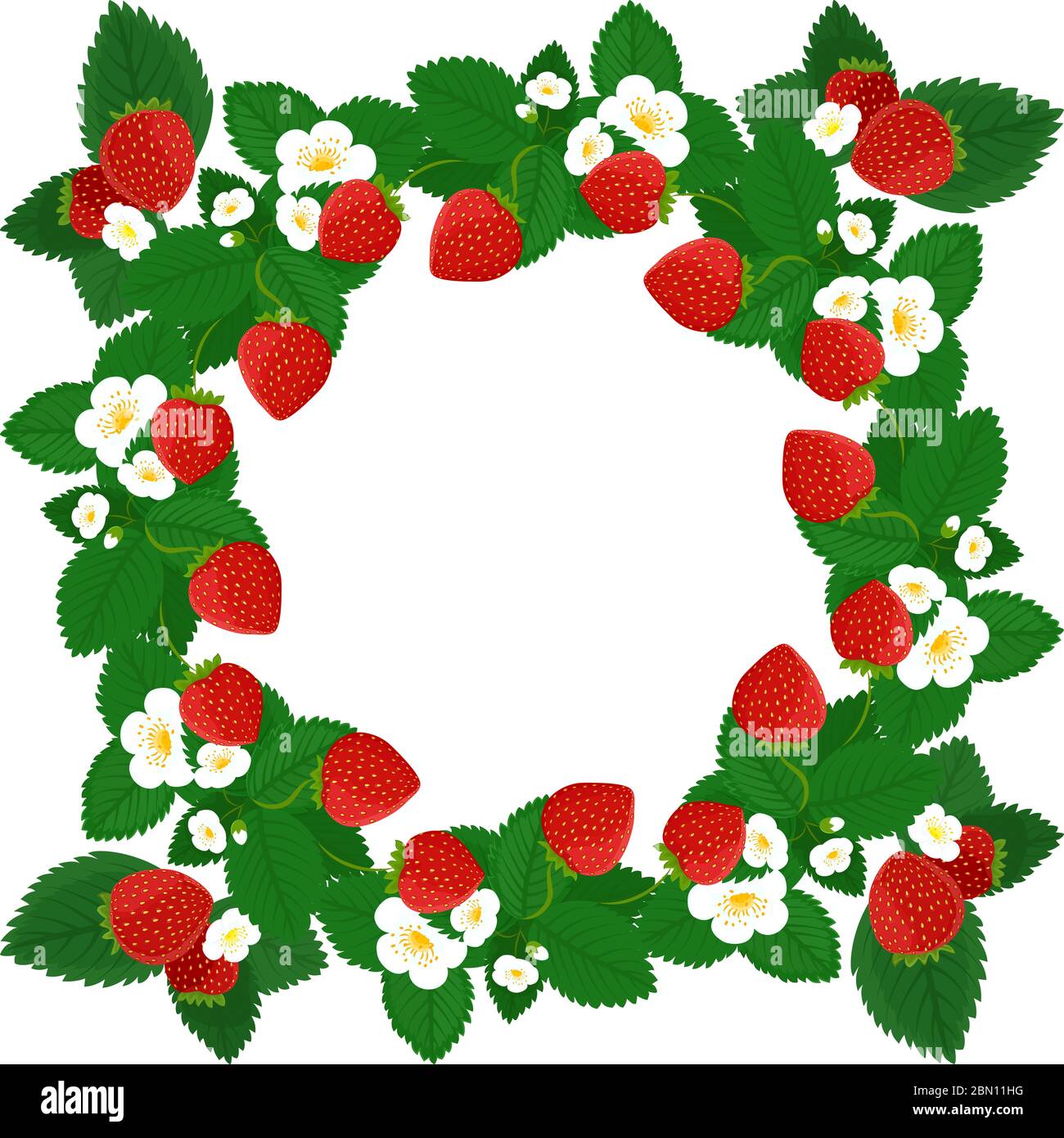 Frame design with strawberries, leaves and flowers isolated on white background. Strawberry vector frame, wreath design with copy space Stock Vector