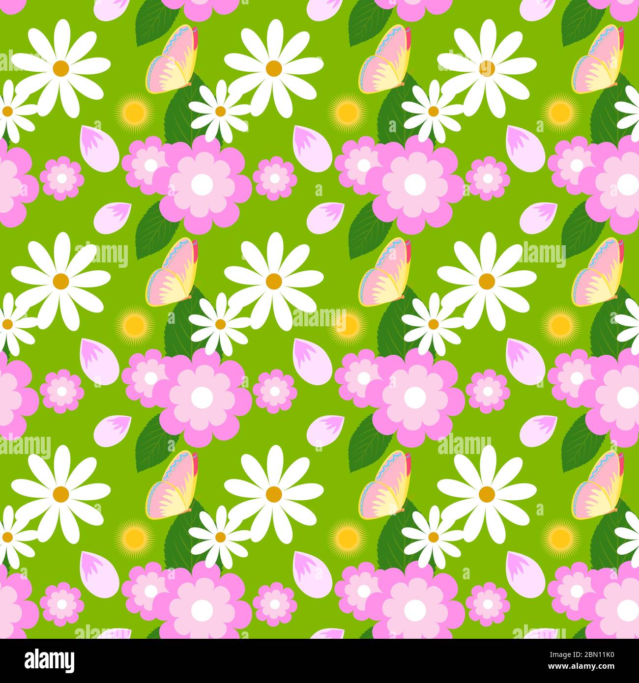 Floral seamless vector pattern with butterflies, chamomiles, daisies, dandelions and leaves. Bright spring seamless vector background with flowers and Stock Vector