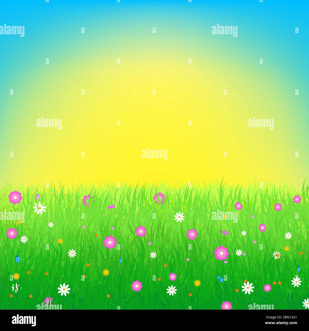Summer, spring vector illustration featuring lush meadow with colorful flowers and sun on blue sky. Great for greeting cards, web banners, summer sale Stock Vector