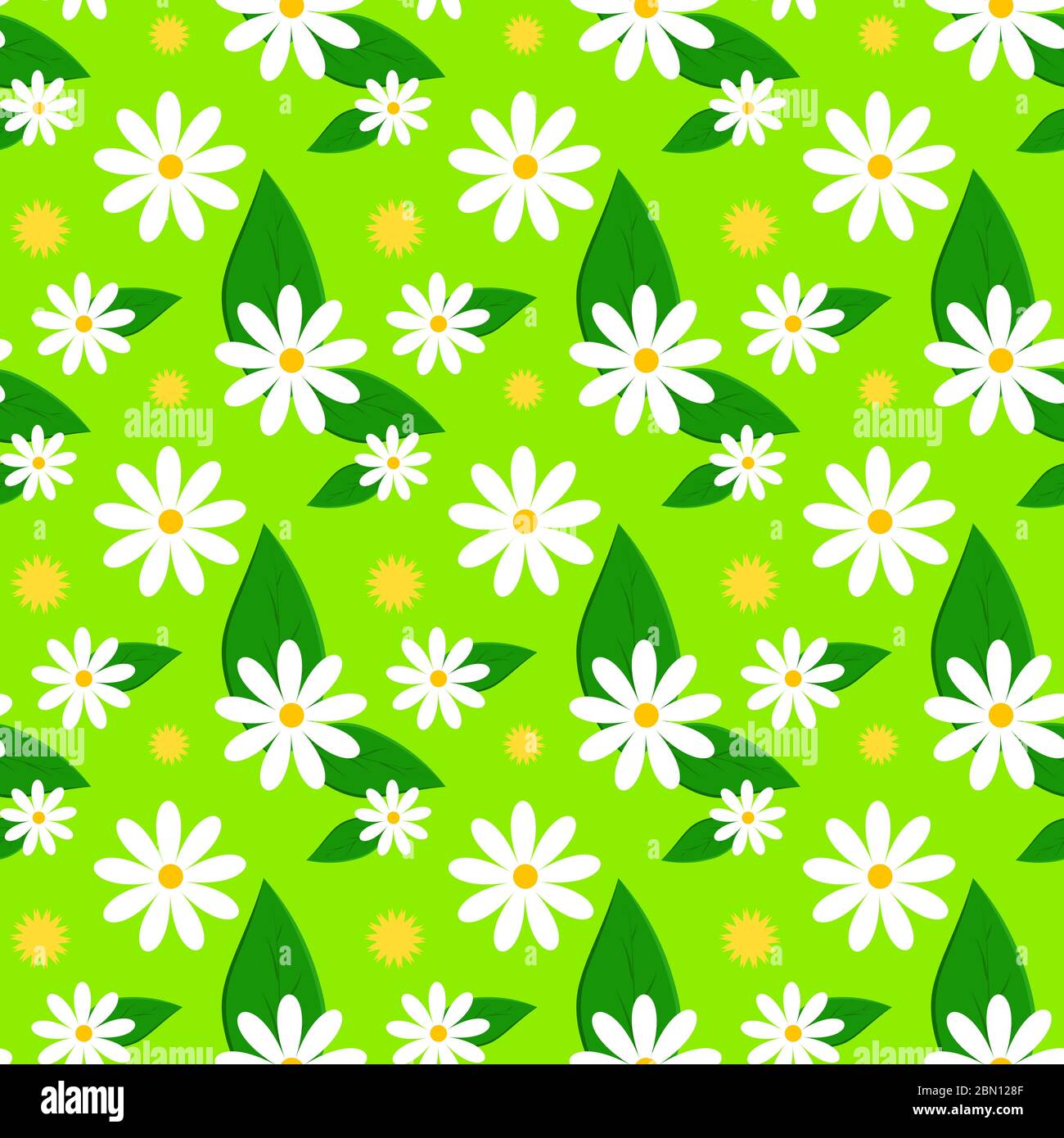 Floral seamless vector pattern with daisies, dandelions and leaves. Bright spring seamless vector background with flowers Stock Vector