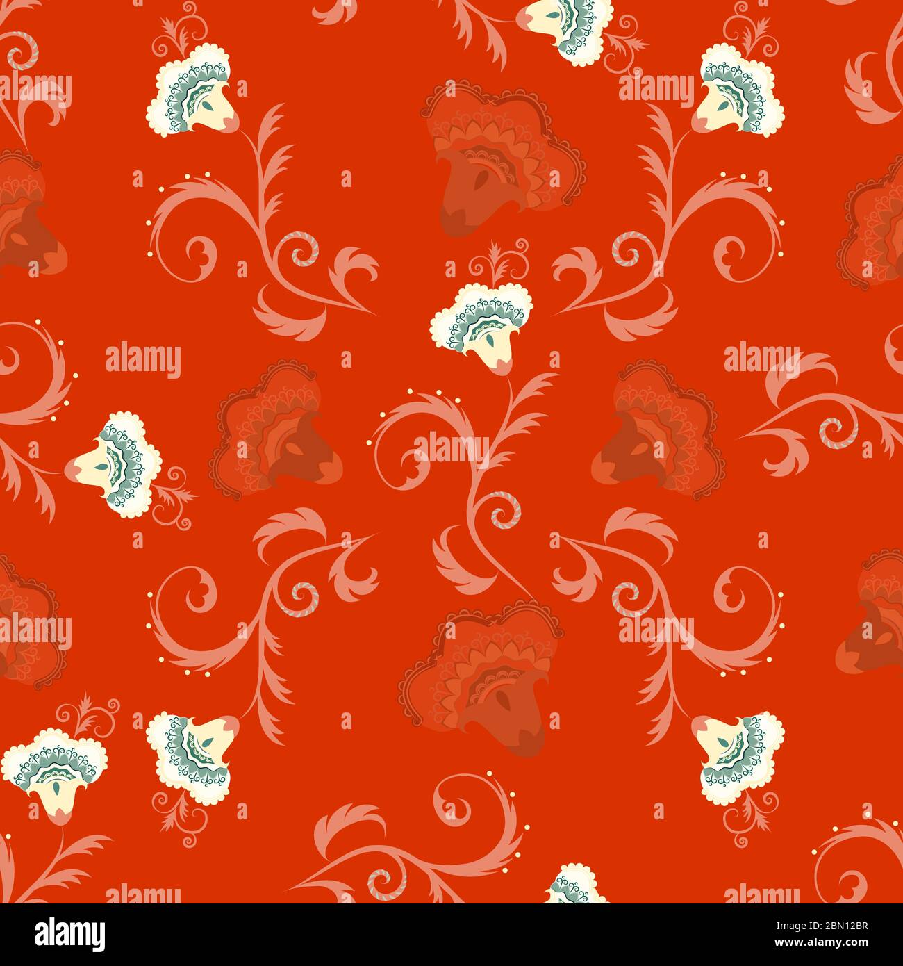 Seamless indian style vector pattern with intricate flowers in red color Stock Vector