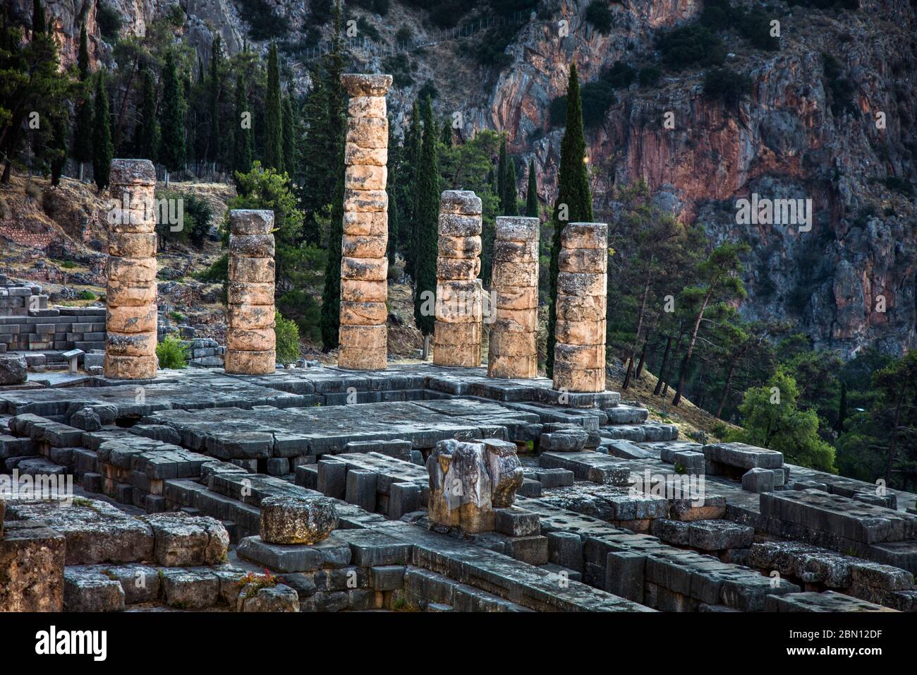 Ruins of the Altar of Apollo in and site of the Oracle of Delphi in Delphi, Greece Stock Photo