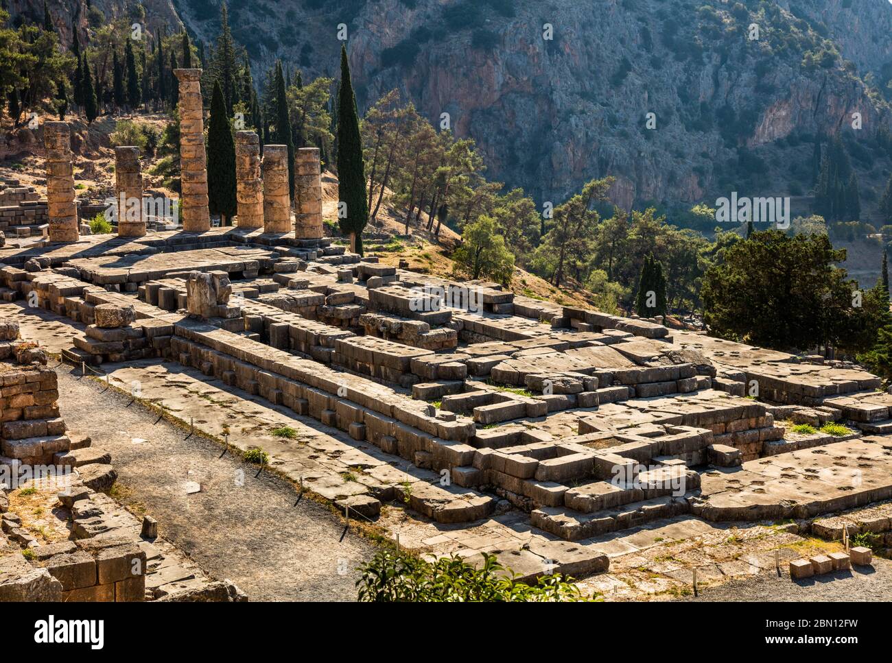 Ruins of the Altar of Apollo in and site of the Oracle of Delphi in Delphi, Greece Stock Photo
