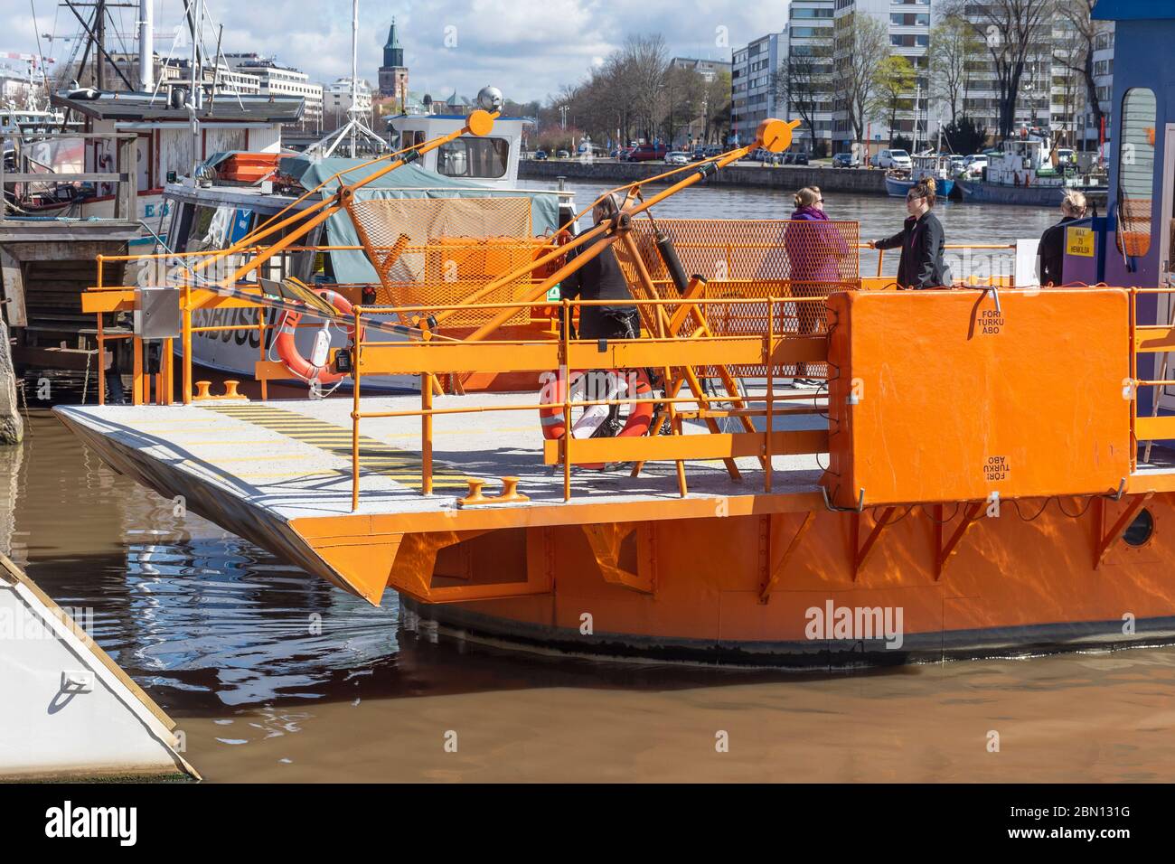 Föri is an yellow ferry across Aurajoki river in Turku Finland Stock Photo