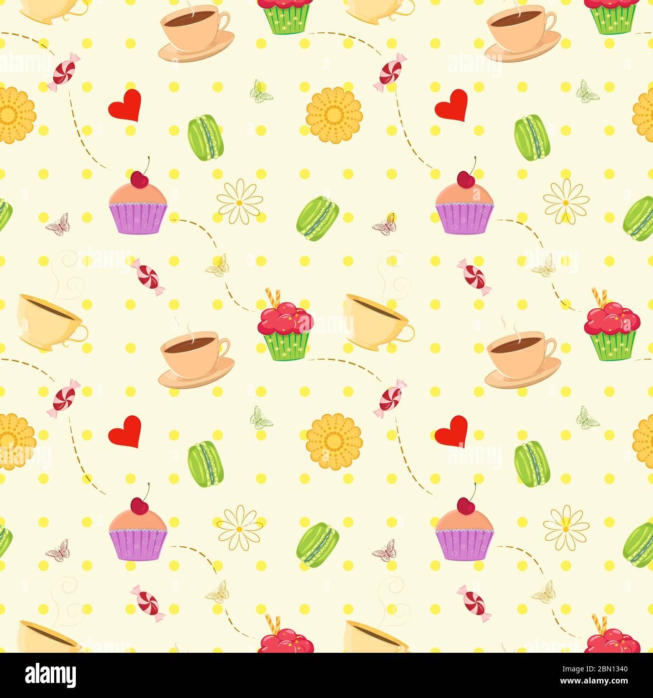 Colorful vector  seamless pattern with hand drawn dessert cupcakes, macaroons, candies and tea cups. Unique and elegant seamless food background with Stock Vector