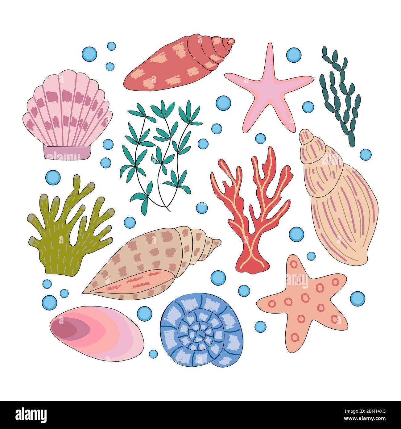 Set of sea animals and corals in vector graphics on a white background. For the design of childrens, cartoon illustrations, postcards, prints, stikers Stock Vector