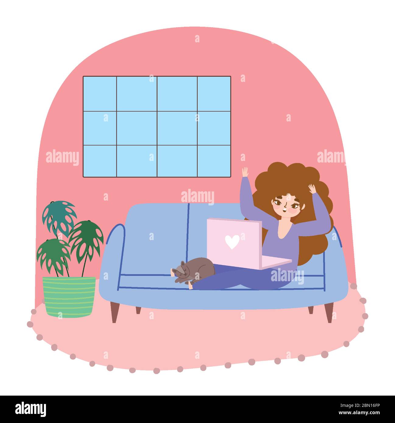 working remotely, young woman with laptop and cat on sofa vector ...