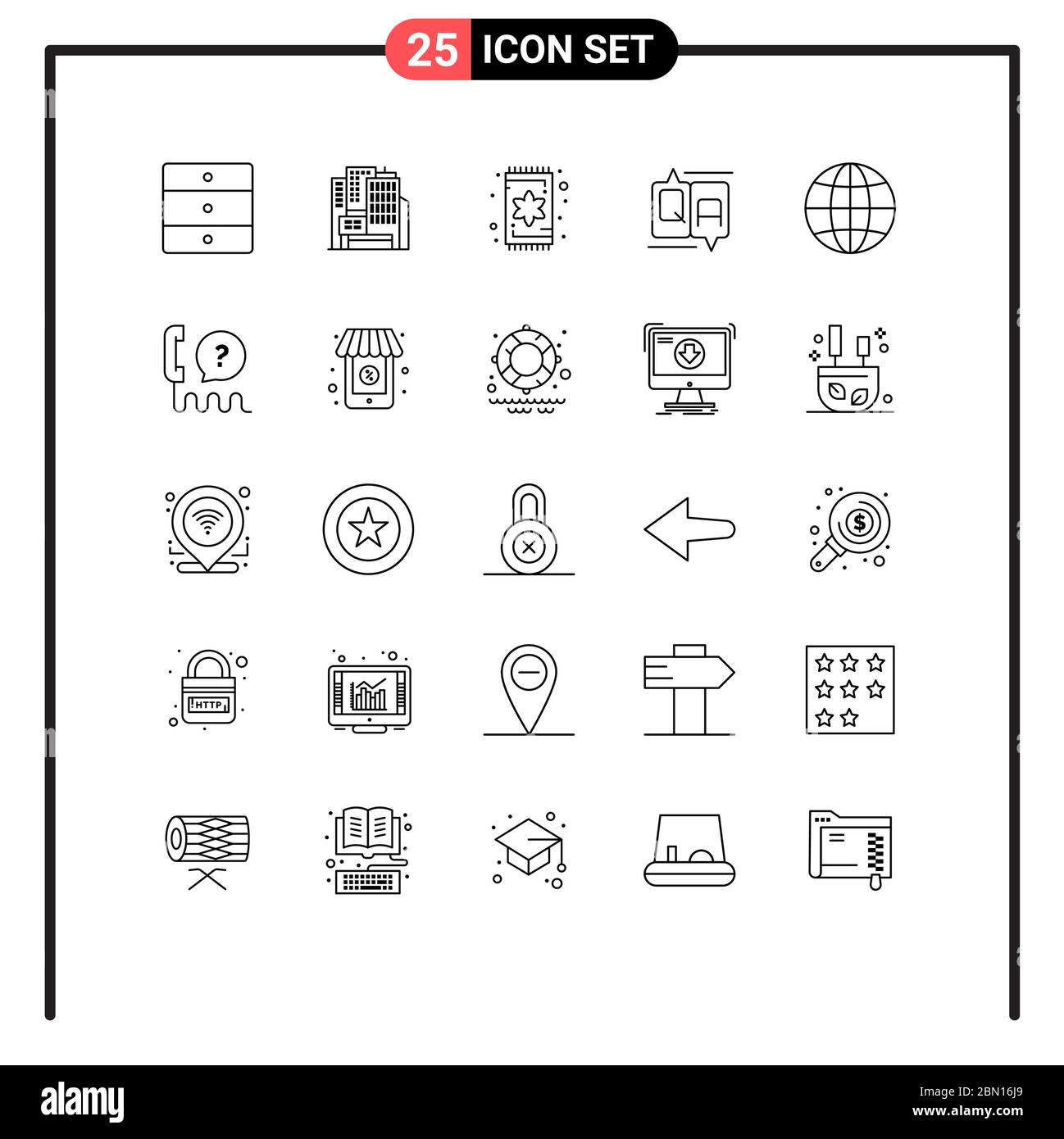 25 Thematic Vector Lines and Editable Symbols of web, earth, furniture, message, comment Editable Vector Design Elements Stock Vector
