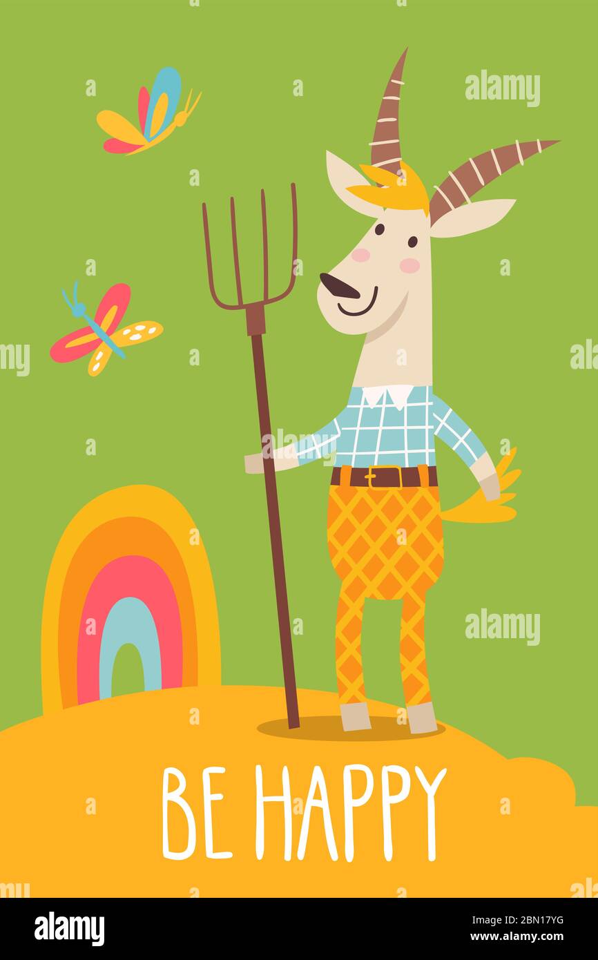 Funny cartoon hand drawn be happy poster with goat Stock Vector Image ...