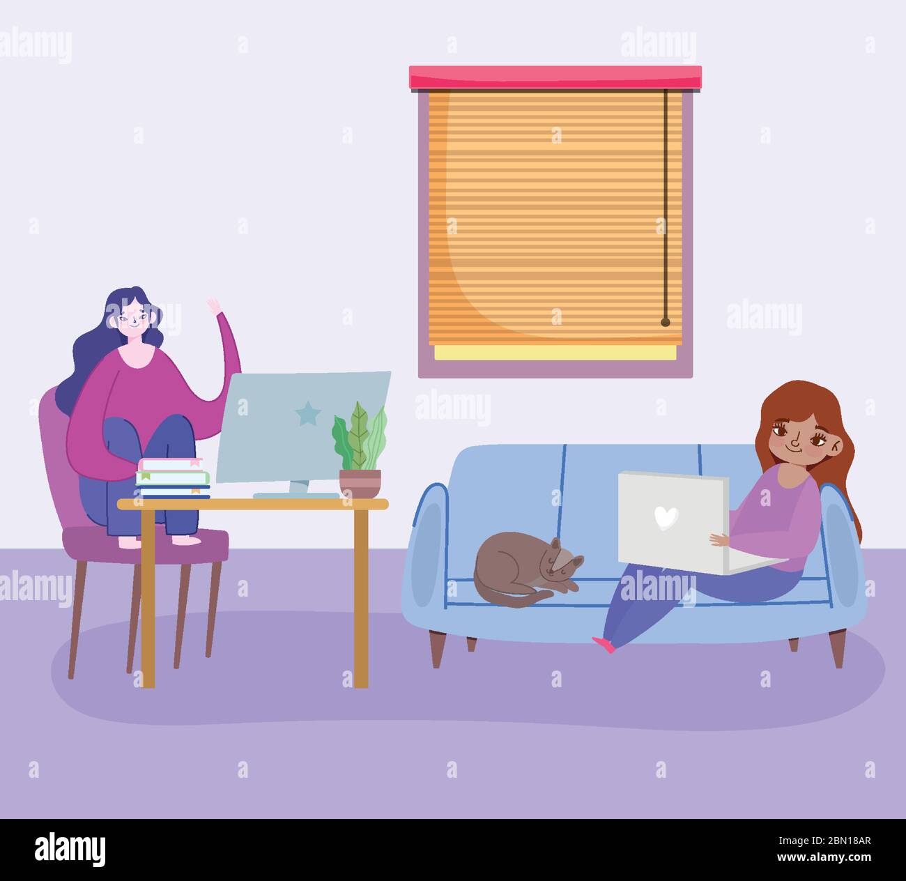 working remotely, young women sitting on sofa and work desk with laptop ...