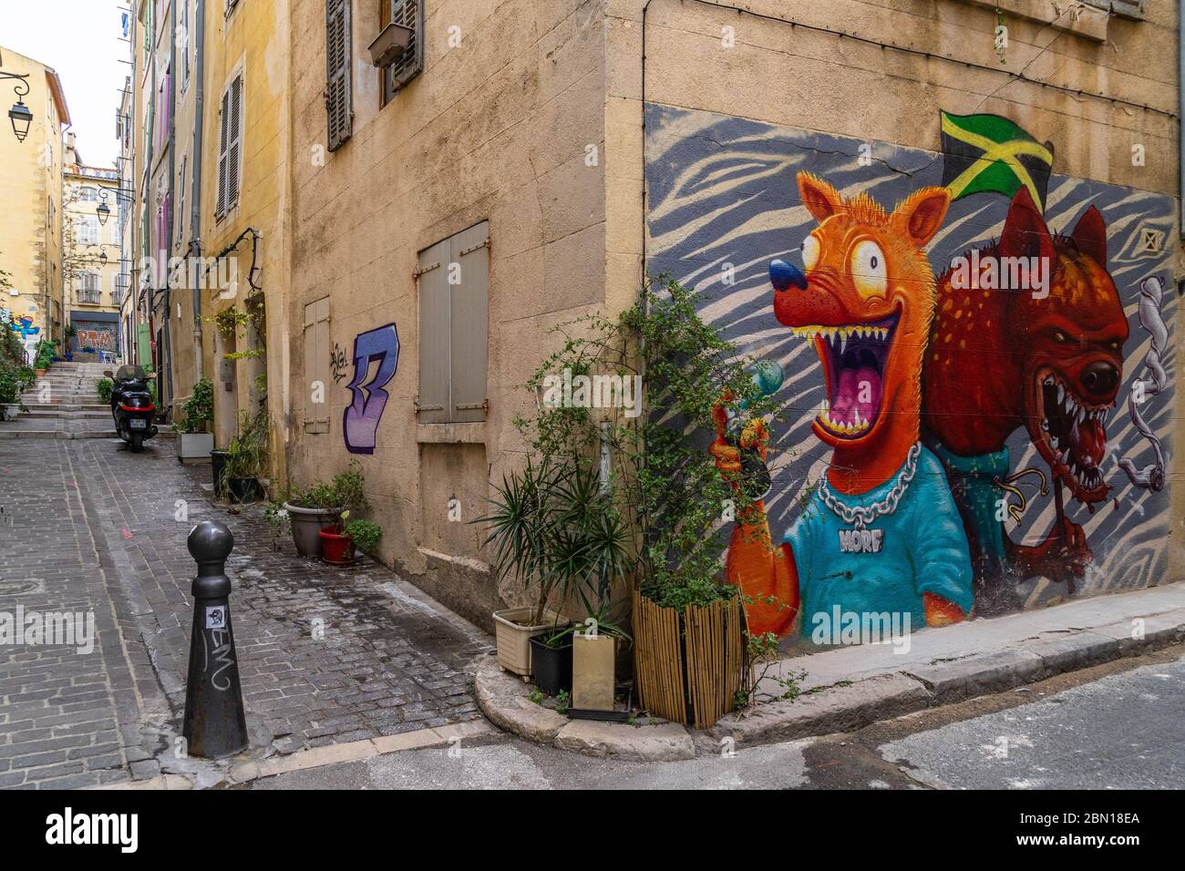 Colorful graffiti and street art at Le Panier quarter. Marseille, France, January 2020 Stock Photo