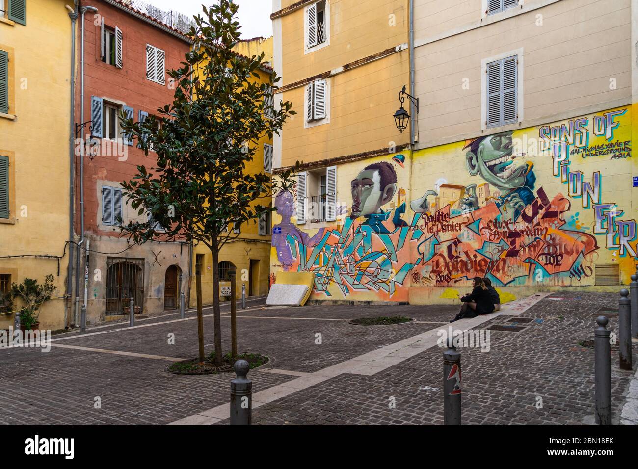 Colorful graffiti and street art at Le Panier quarter. Marseille, France, January 2020 Stock Photo