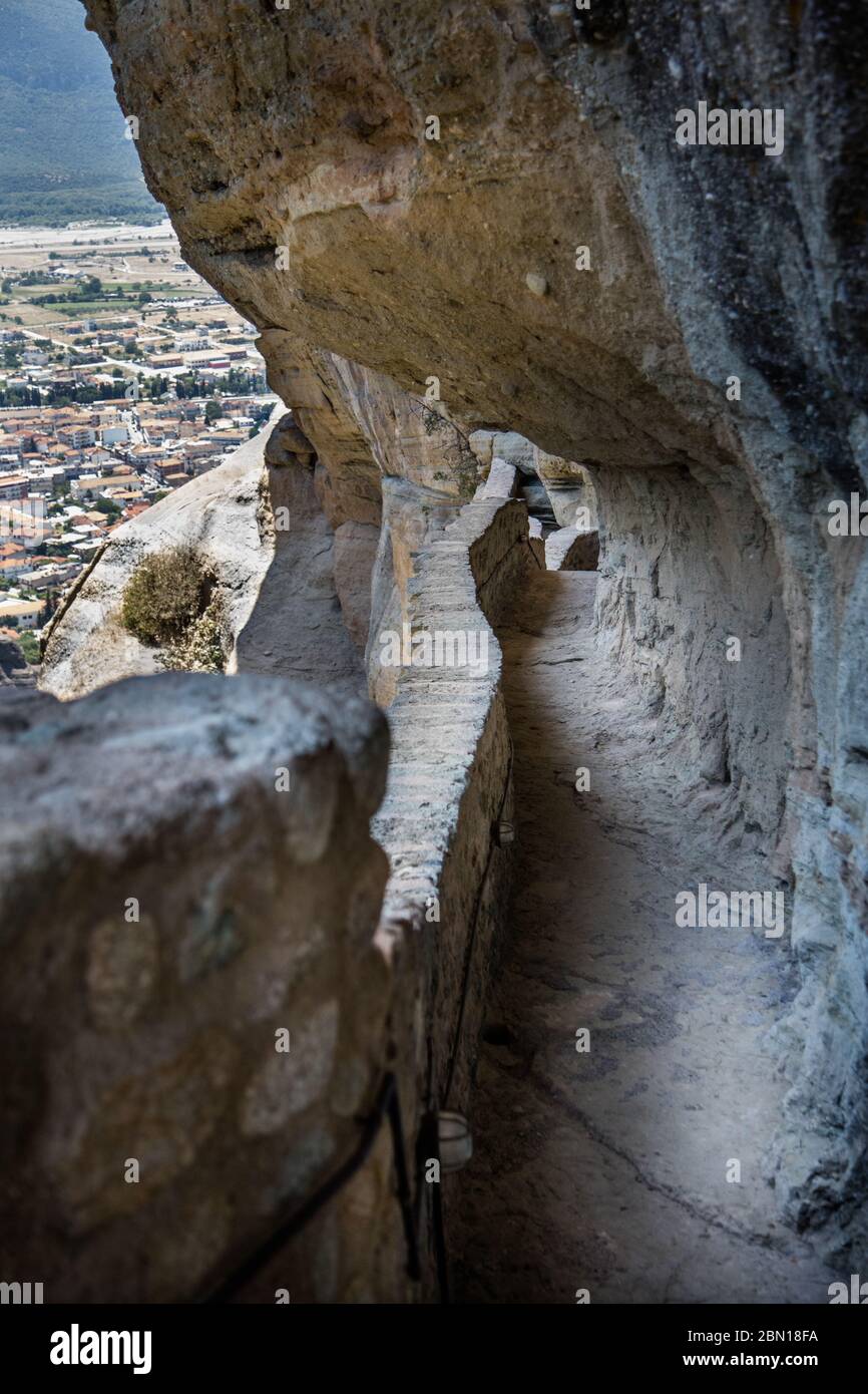 Rock hewn pathway up to the Holy Monastery of Roussanou in Meteora, Greece Stock Photo