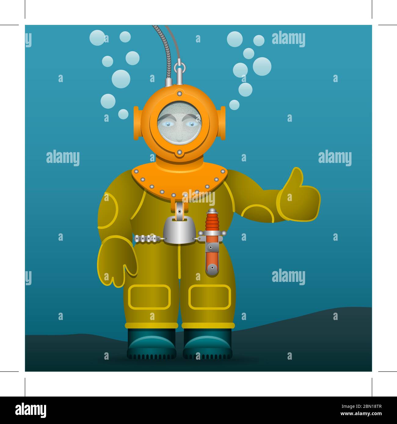 Diver in an old suit and scuba diving helmet. Cartoon style. Vector Image. Stock Vector