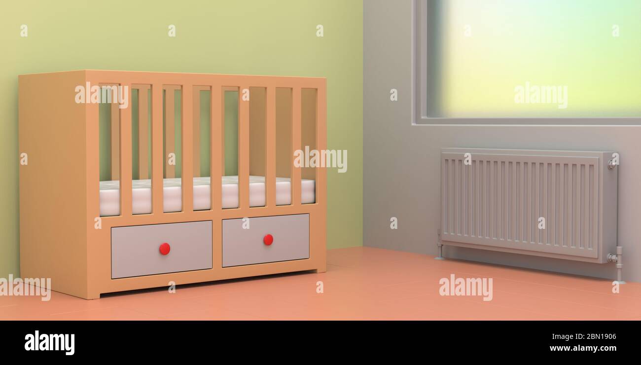 Child room interior, baby cot in a pastel colors room. Heating radiator