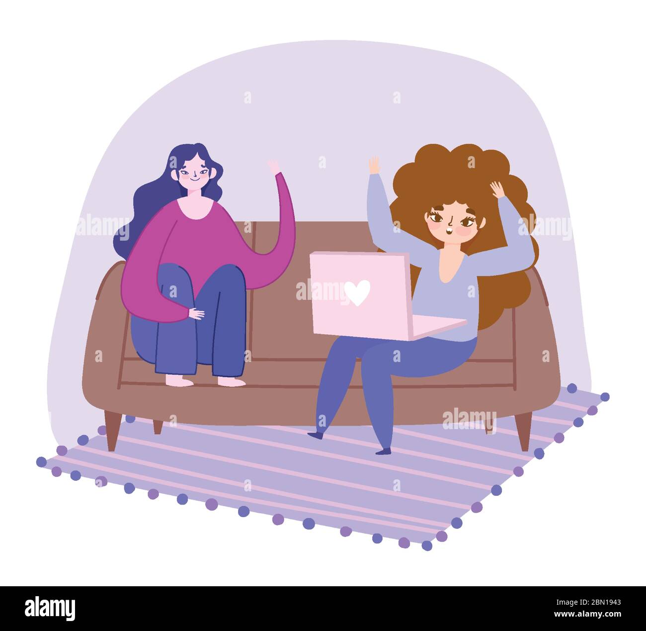 working remotely, young women with laptop sitting on sofa furniture ...