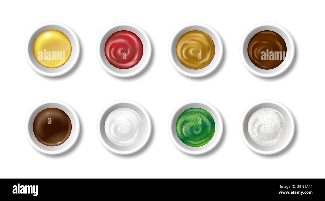 Set of realistic sauces in caps. Olive oil, soy sauce, pesto, mayonnaise, mustard, chocolate and tomato ketchup. Ceramic caps top view. Ingredients Stock Vector