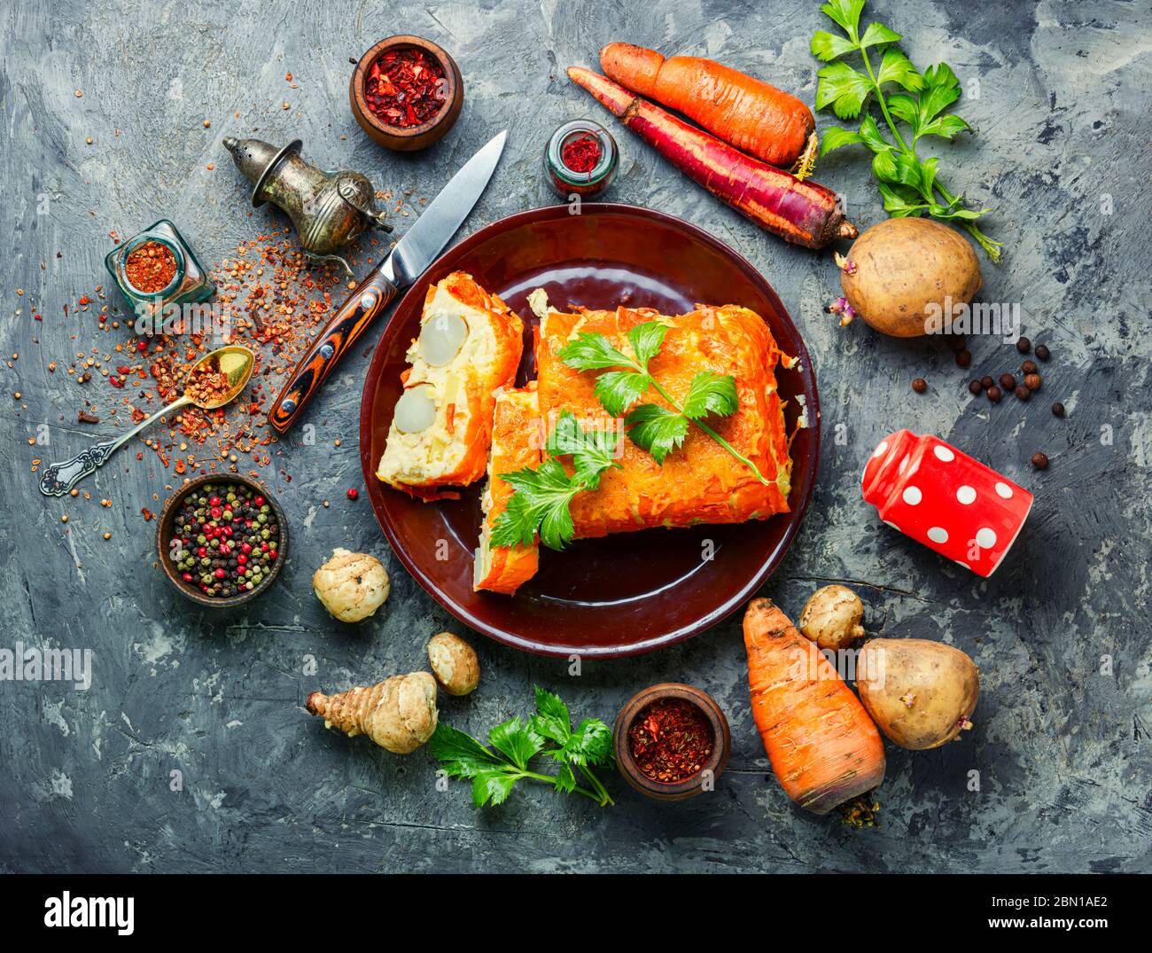 Homemade terrine with Jerusalem artichoke,carrots and potatoes.French