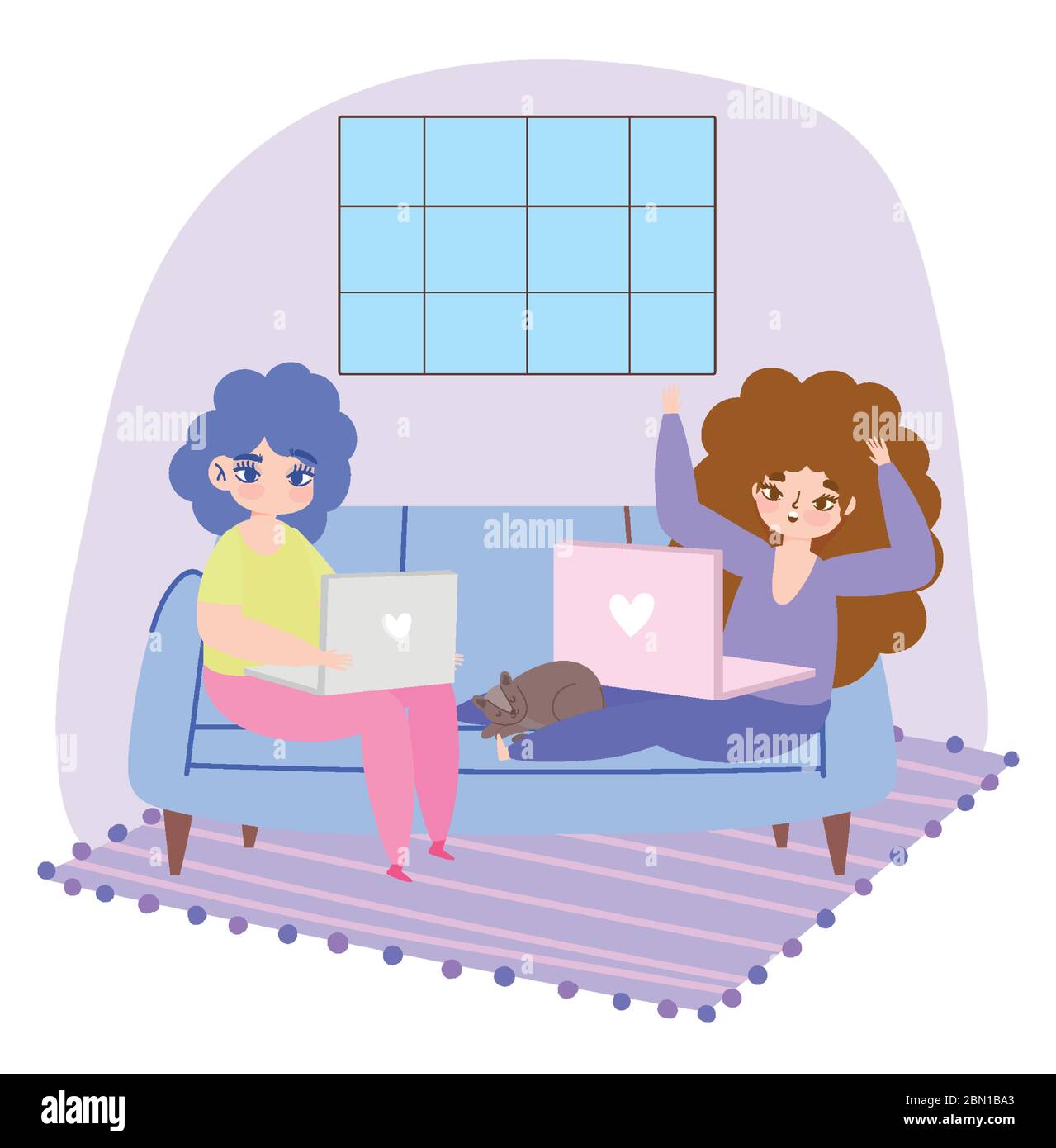 working remotely, young women sitting on sofa with laptop and cat ...