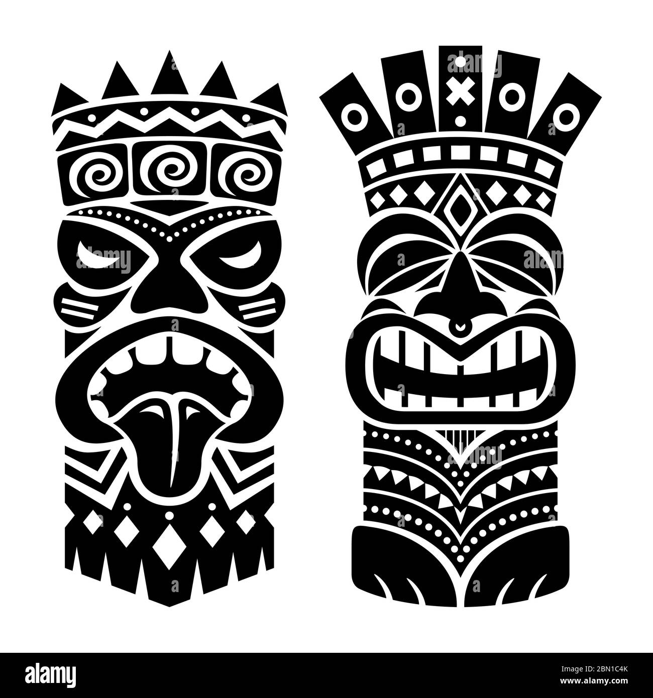 Tiki statue pole totem vector design - traditional decor set from Polynesia and Hawaii, tribal folk art background Stock Vector