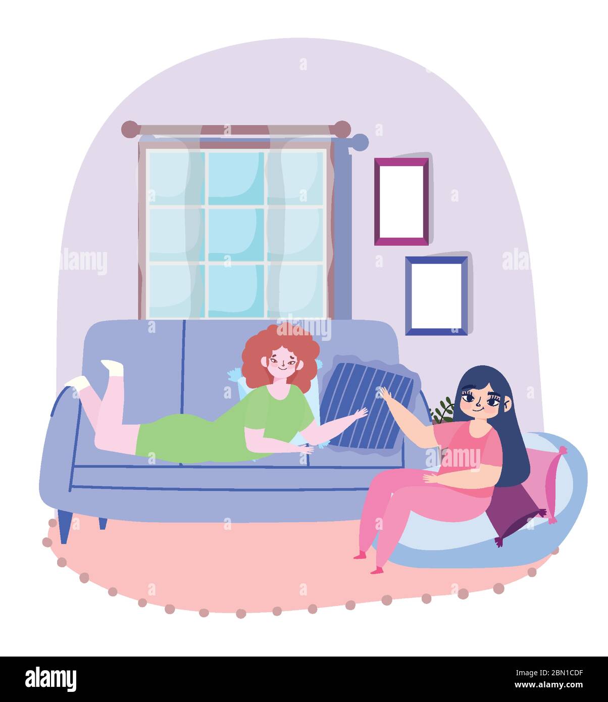 young women liying on sofa bean chair cushions cartoon vector