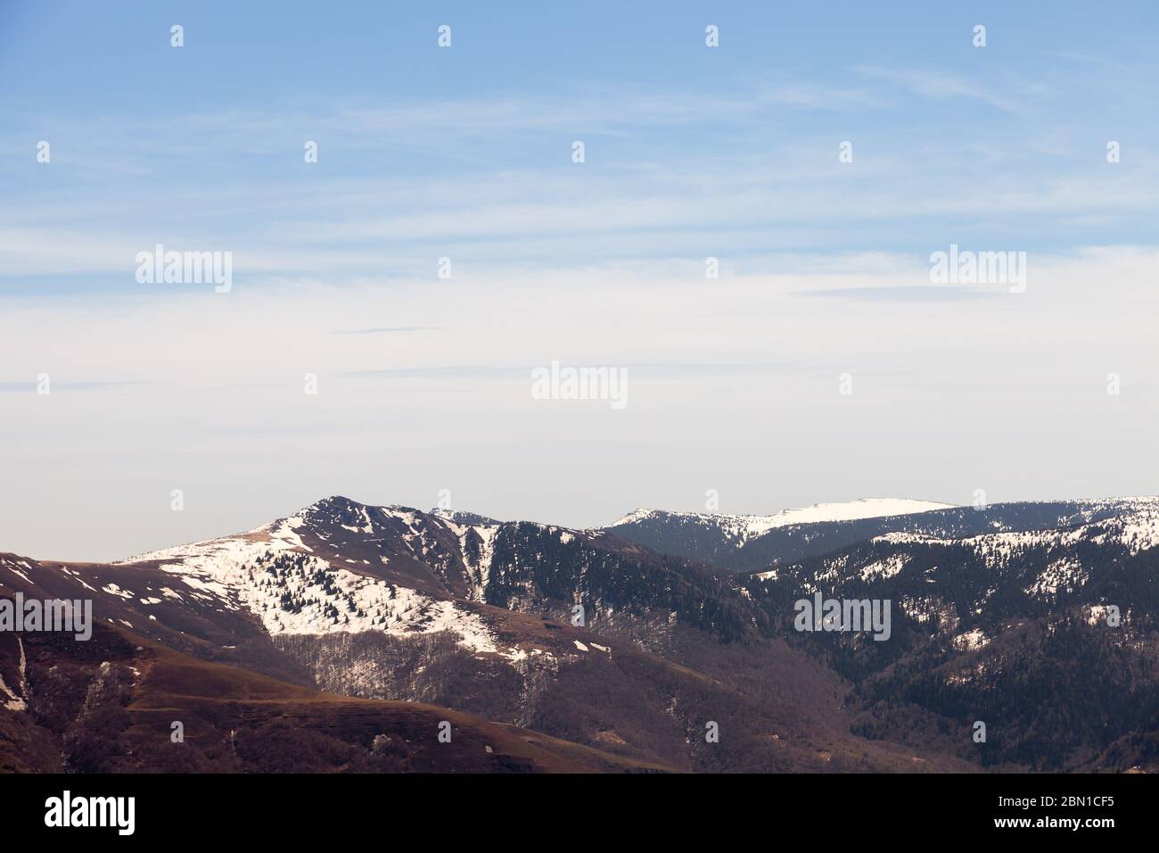 Distant mountains covered by snow and dark, burnt trees and ground, recovering from a fire last summer Stock Photo