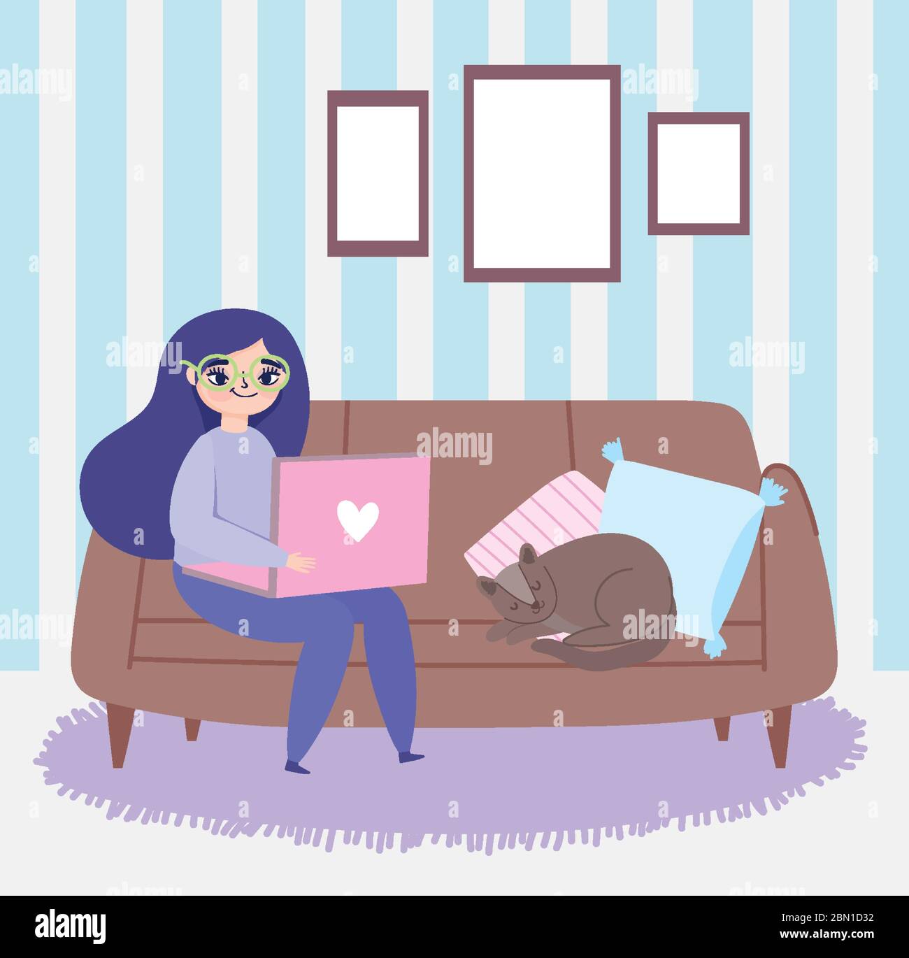 working remotely, young woman sitting on sofa with laptop and cat room ...