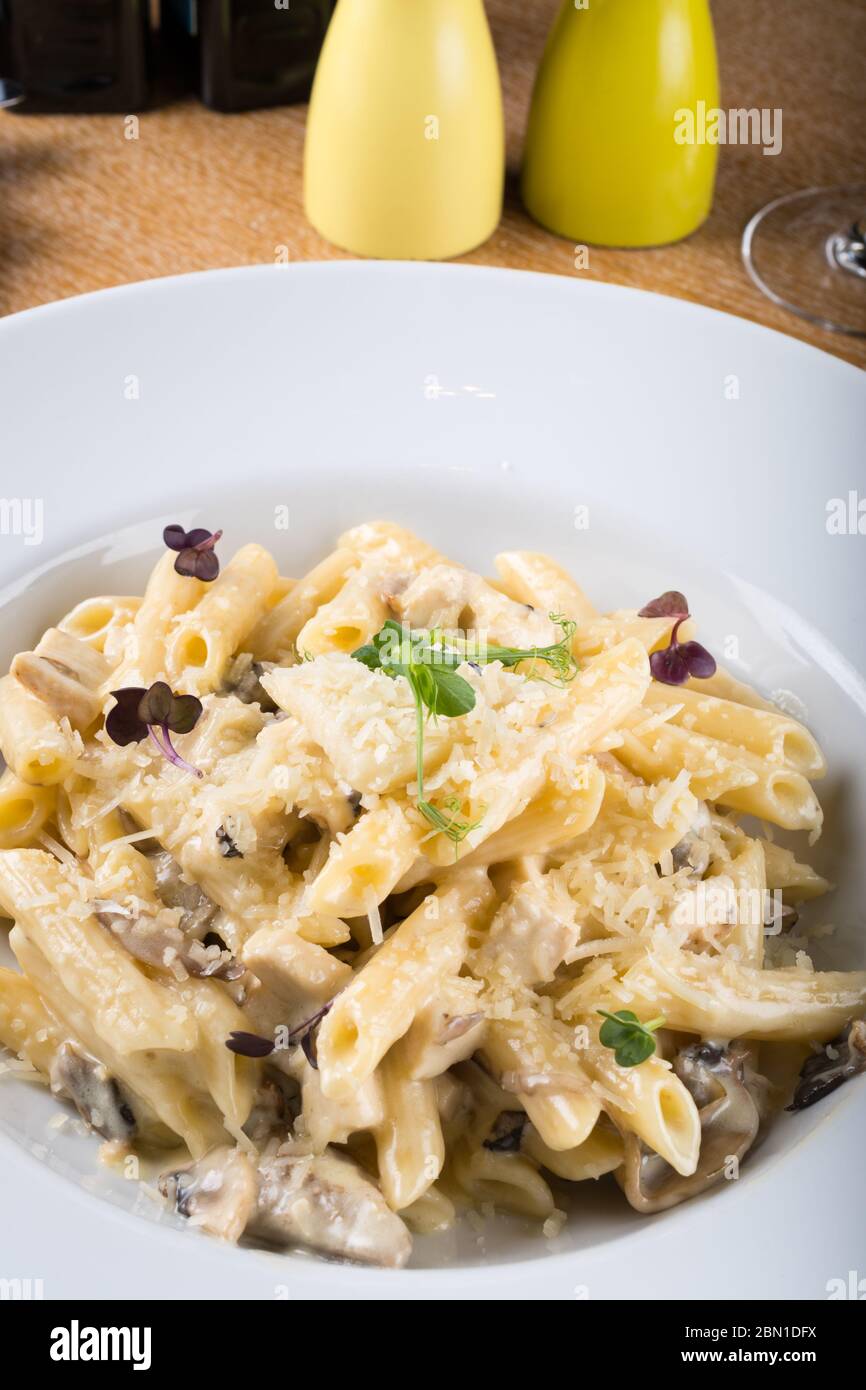 Prepared cooked penne pasta traditional italian dish with chicken and  forest mushroom sauce, gratinated cheese with Taleggio parmesan and  mozzarella s Stock Photo - Alamy