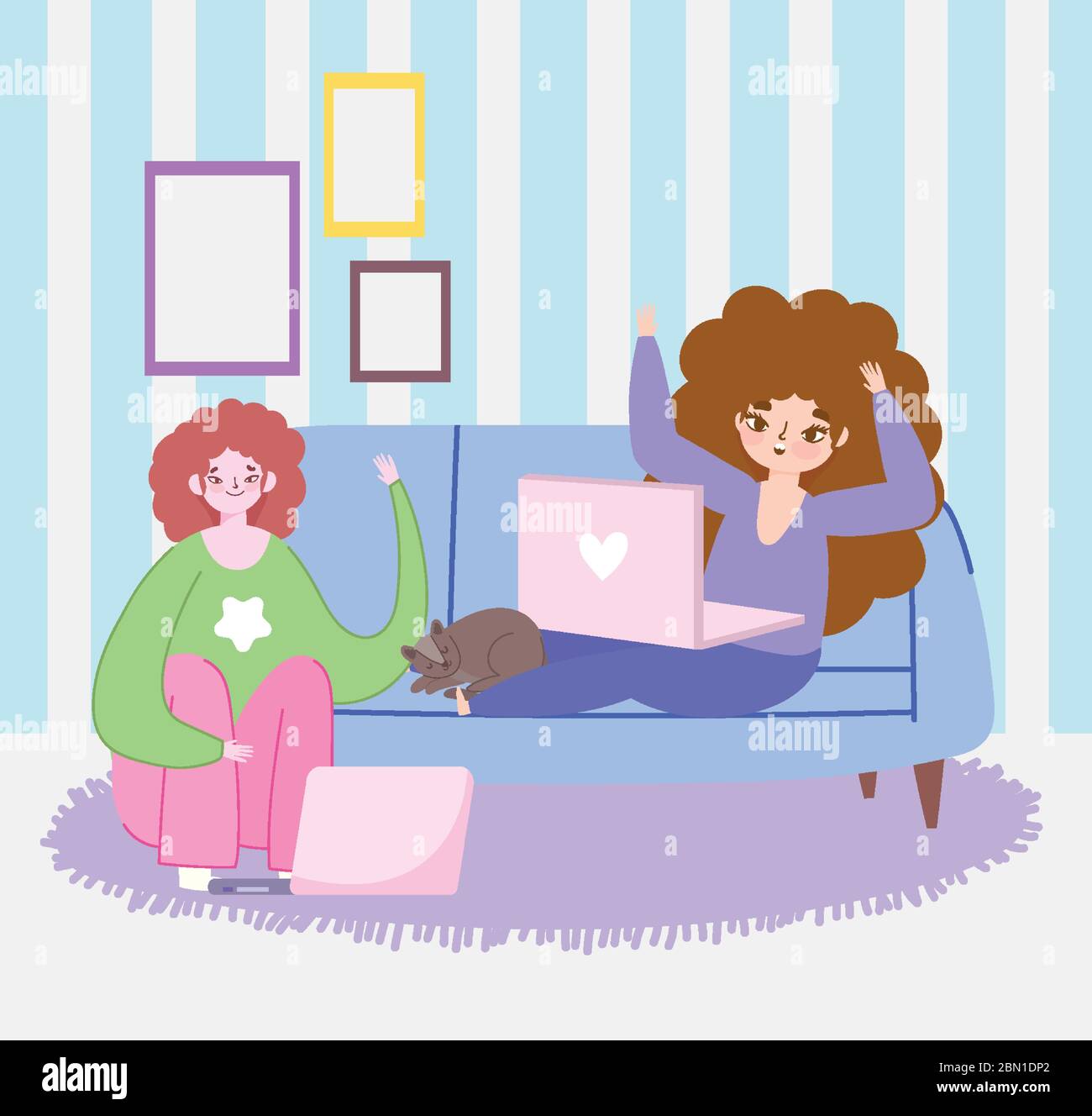 working remotely, young women sitting on sofa and floor with laptop and ...