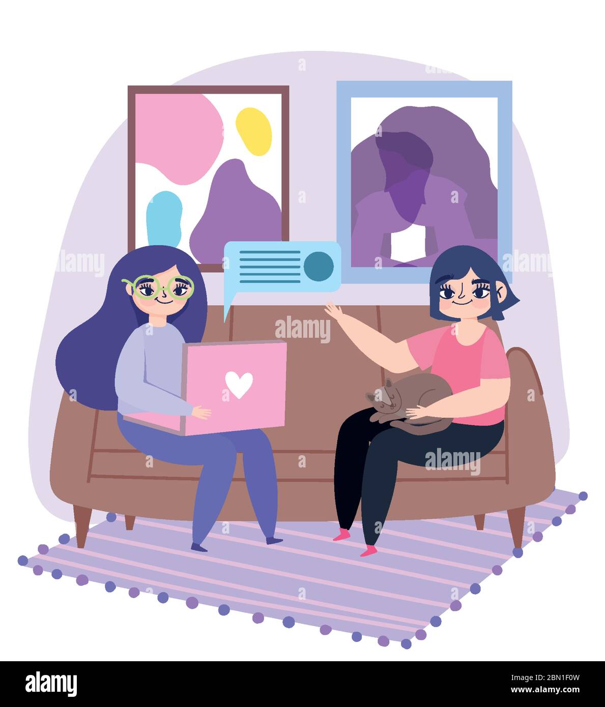 working remotely, young women with laptop and girl with cat on sofa ...