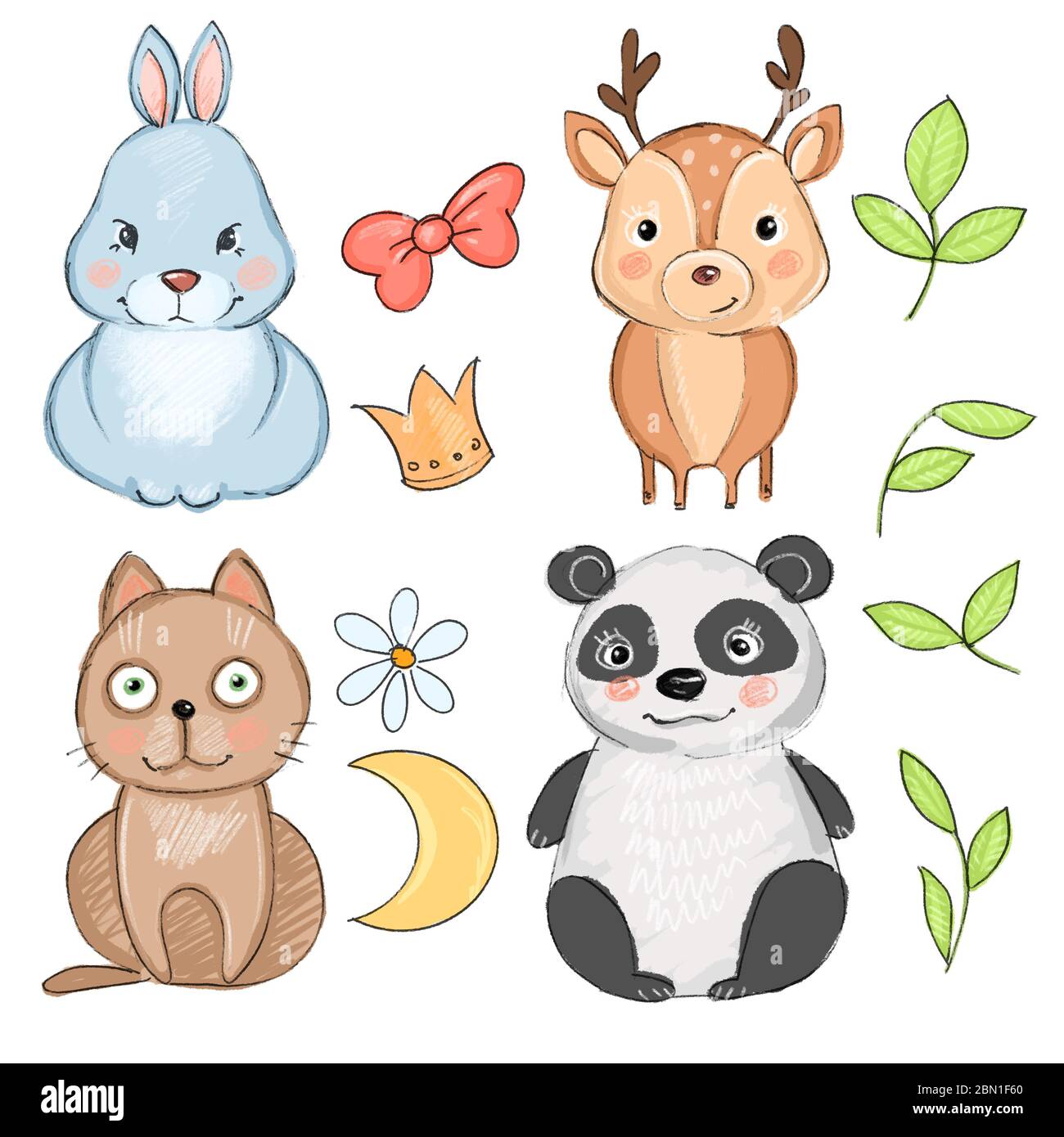 set of cute animals: rabbit, panda, deer and cat Stock Photo - Alamy
