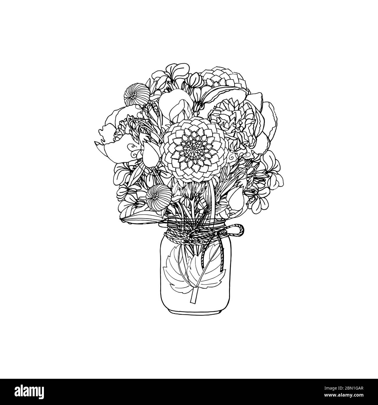 Hand drawn doodle style bouquet of different flowers, peony, dahlia, stock flower, sweet pea Stock Vector
