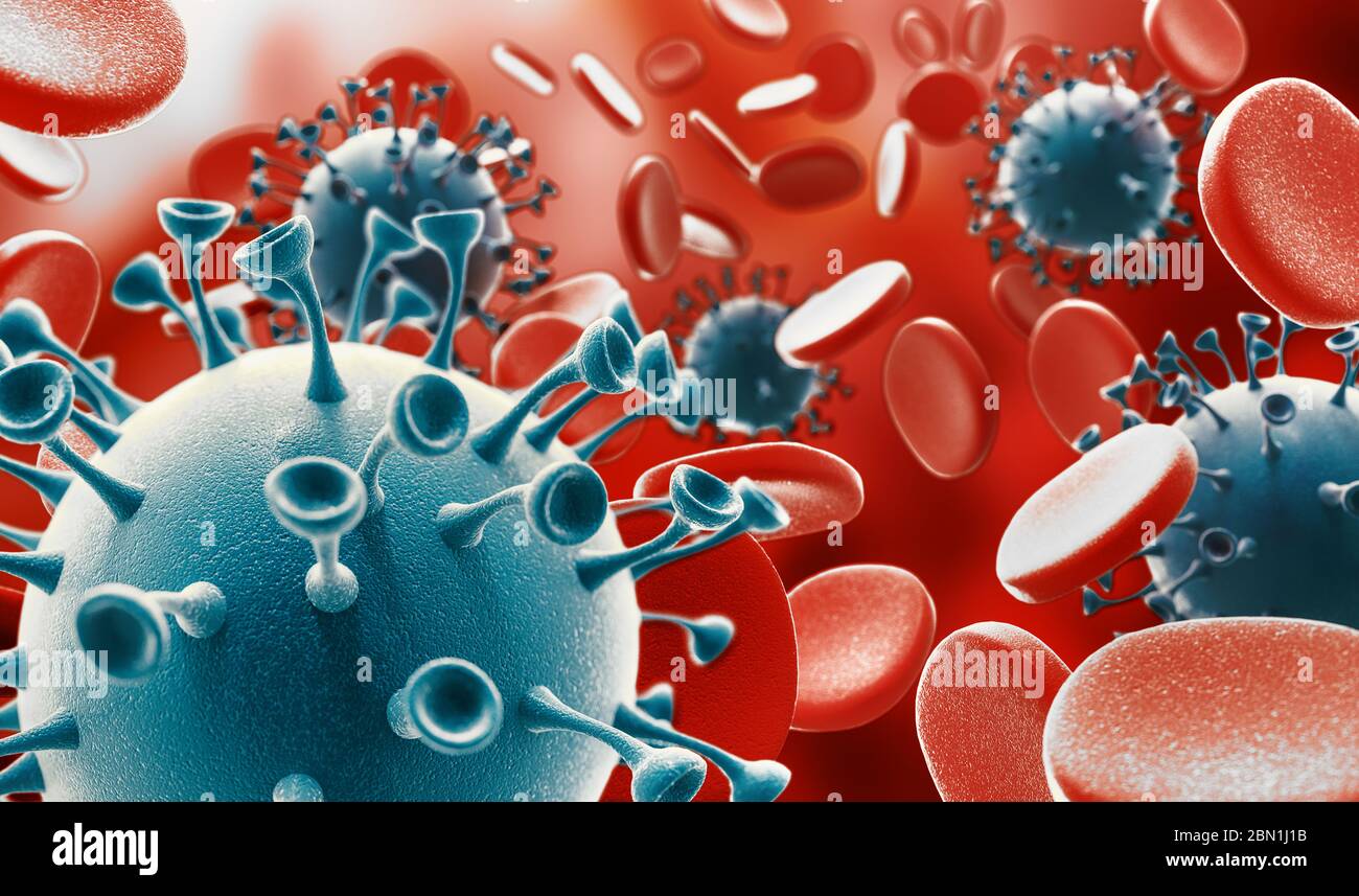 Coronavirus microscopic view. Floating influenza virus cells. Dangerous asian ncov corona virus, SARS pandemic risk concept. 3d rendering Stock Photo