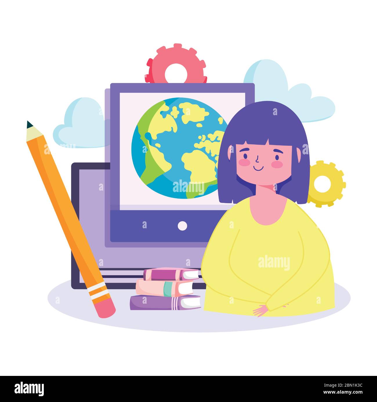 online education, girl student computer books pencil lesson vector  illustration Stock Vector Image & Art - Alamy