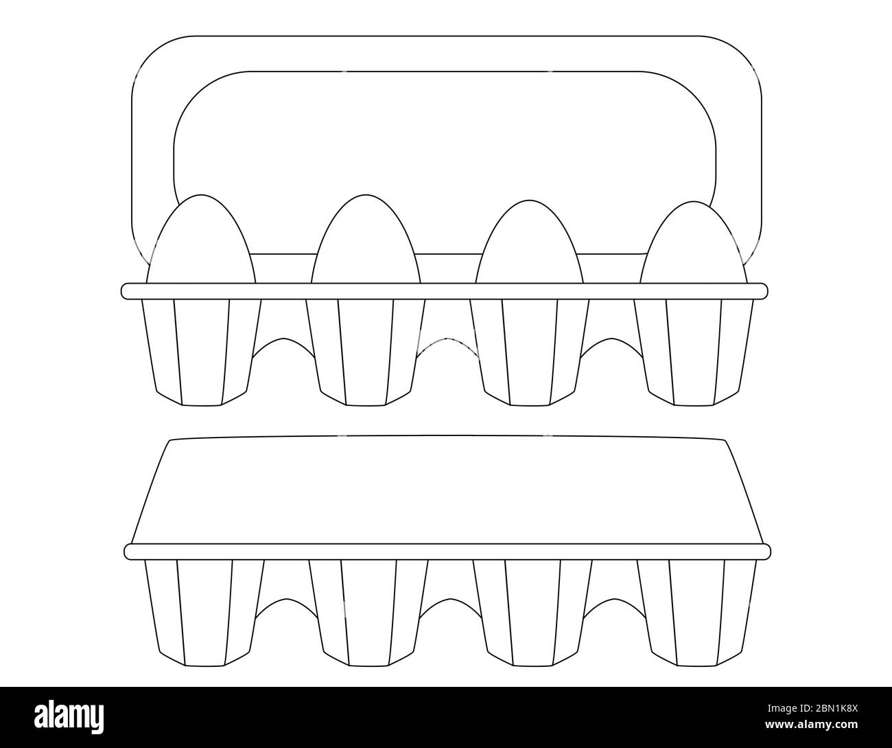 Chicken eggs in paper carton tray egg box open and close flat vector illustration isolated on white background outline style silhouette Stock Vector