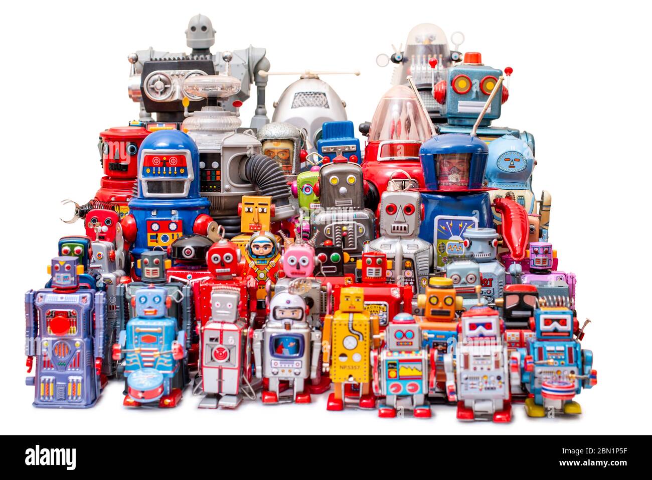 Close up view of colorful mixed vintage tin robot toys collection. Stock Photo