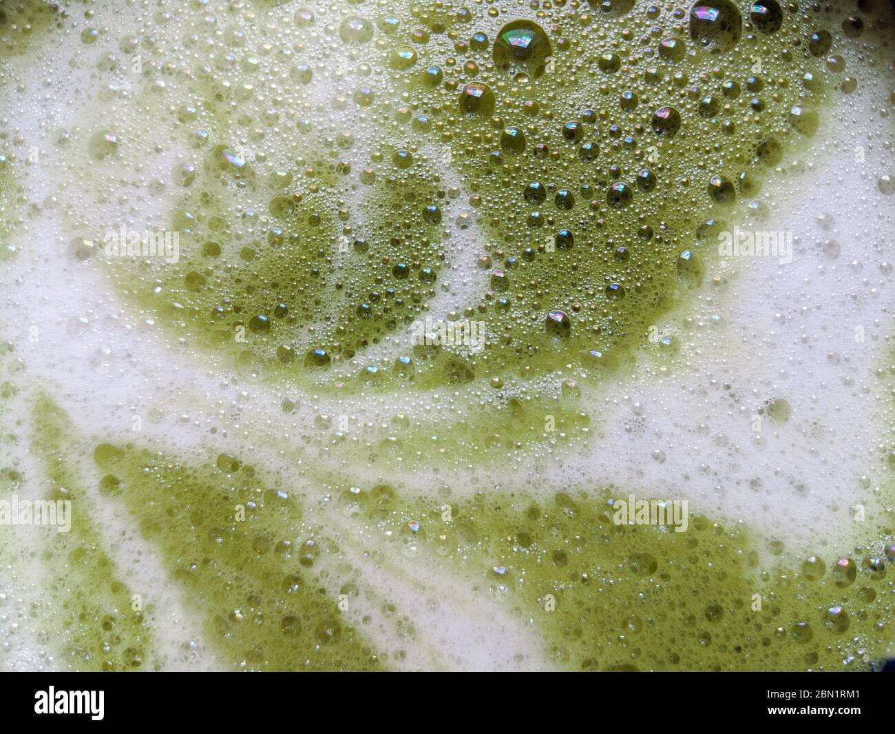 Close up of a matcha latte foam full of little bubbles Stock Photo