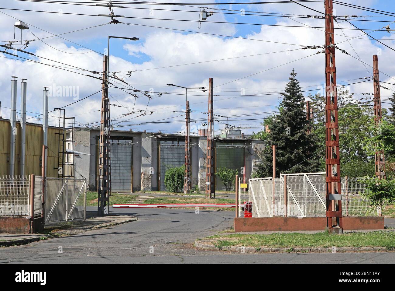 Garages of the trolley cars and aerial lead cables Stock Photo Alamy