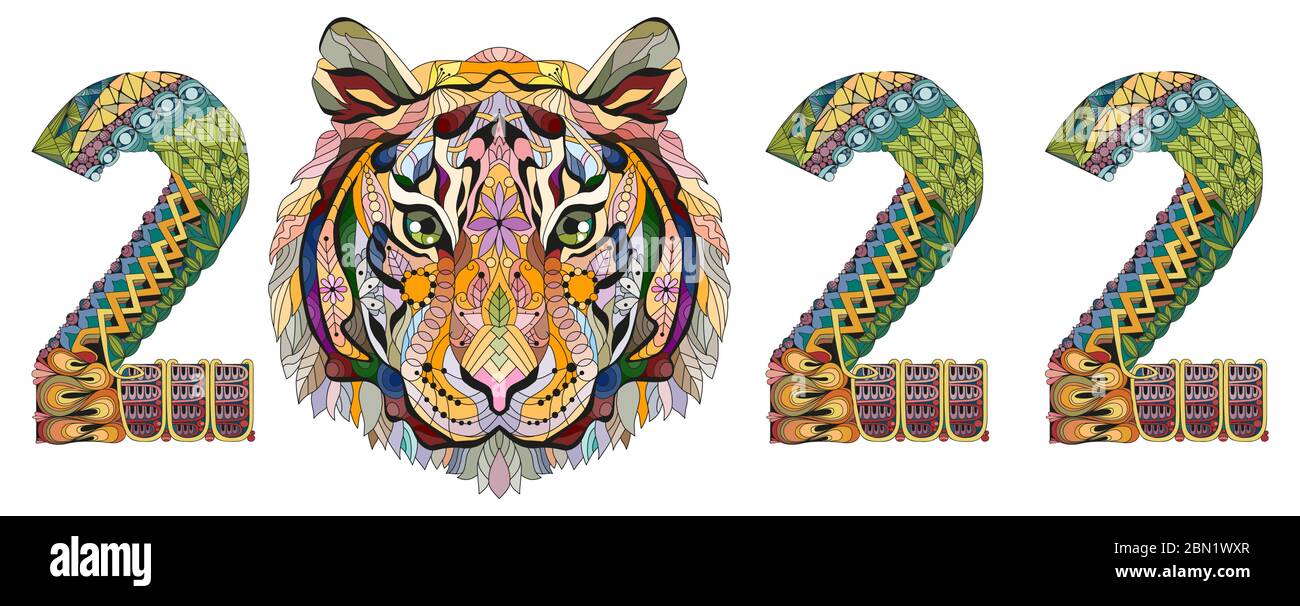 Hand drawn zentangle tiger number 2022 for t-shirt and other decorations Stock Vector